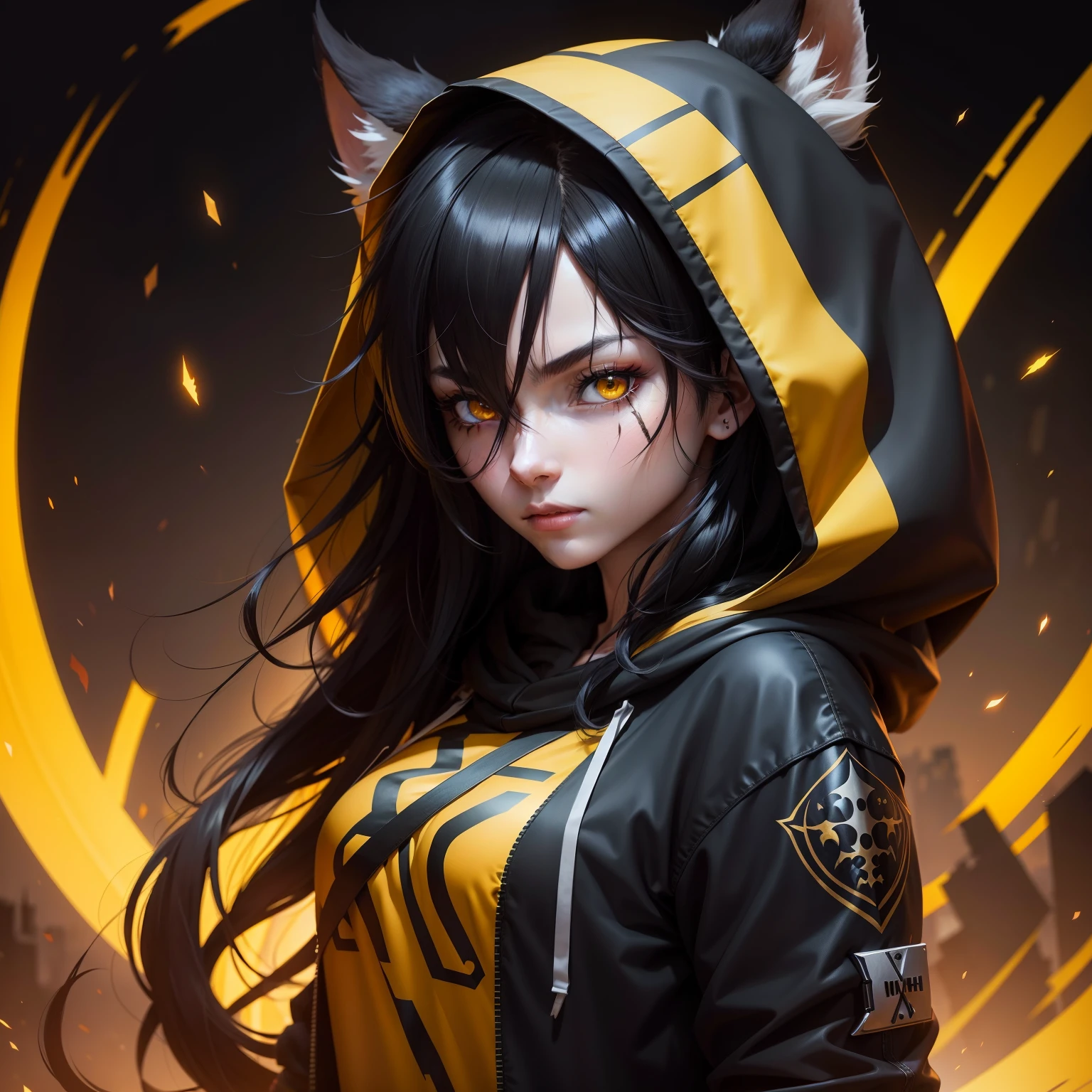 black hair, messy hair, long hair, scar across eye, hood down, yellow eyes, kemonomimi mode, anime, 8k, super detail, UHD, UHD, best quality, highres, award winning, super detail, 1080P