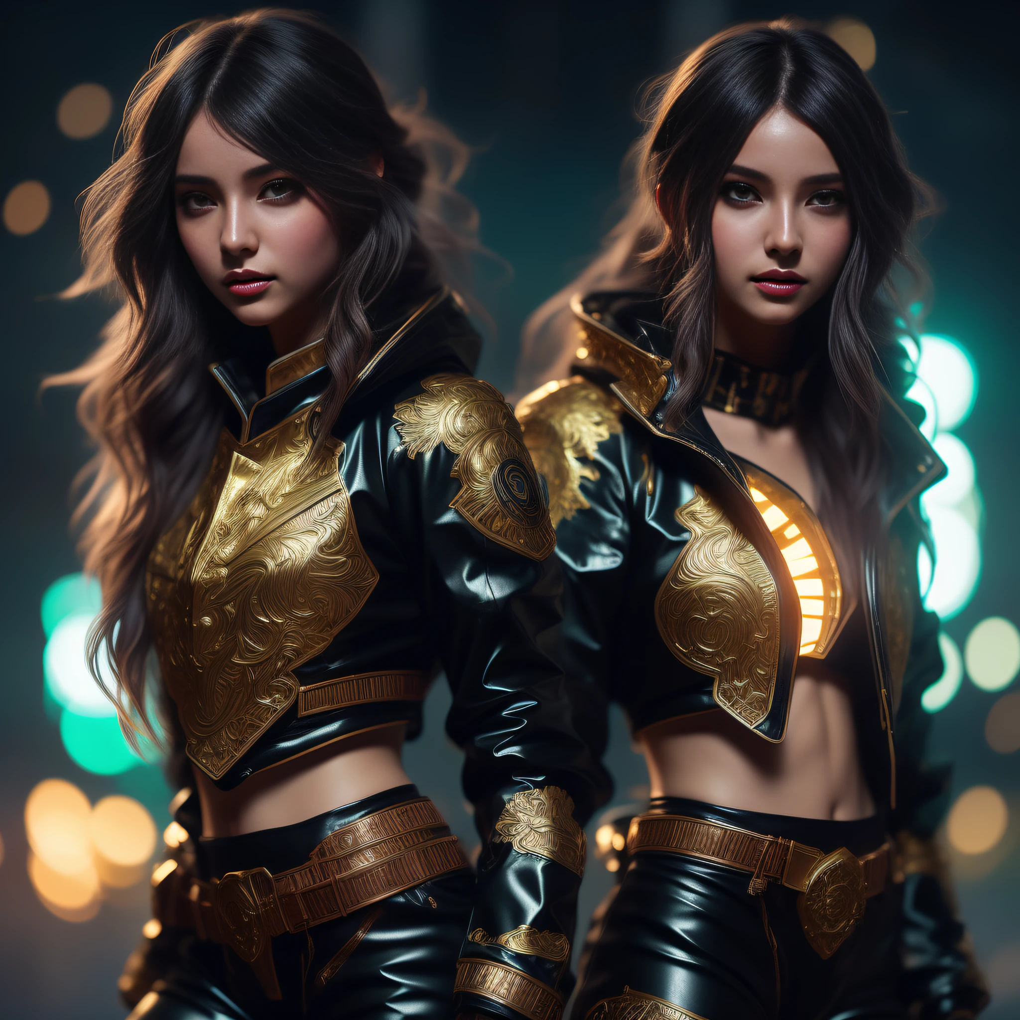 Beautiful Caucasian Woman, shoulder length messy hair, Black and gold PVC cat outfit, cheerfulness, full bodyesbian, Beautiful anime waifu style girl, Hyperdetailed painting, Luminism, art by Carne Griffiths and Wadim Kashin concept art, 4K 分辨率, fractal isometrics details bioluminescens , a 3D render, rendering by octane, intricately details , Cinematic, trending on artstation Isometric Centered hyperrealistic cover photo awesome full color, handpainted , grittiness, Realistic Mucha , Intricate, hit definition , Cinematic,Rough sketch, Bold lines, On paper,