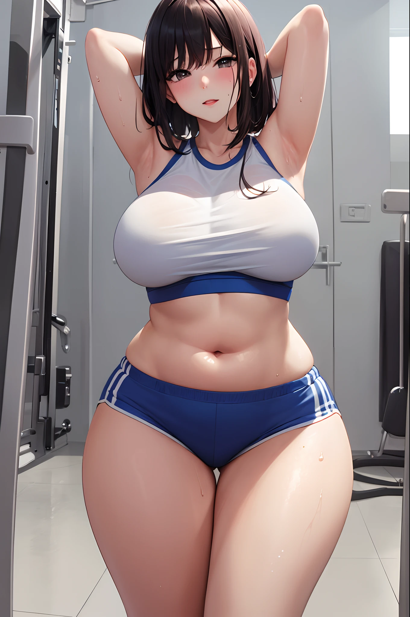 Beautiful girl in the gym detailed masterpiece、RAW Photos、wear (Blue crop top、Tight shorts with white whip、White Training Shoes: 1.2)、Fold your hands behind your head、Large valleys、爆乳、opening legs、curvy、Clothes are wet and see-through with sweat、Hair smooth、Lower breast、Sweaty armpits、Bitten crotch、large full breasts、plump buttocks and thick legs、Erotic face、teats