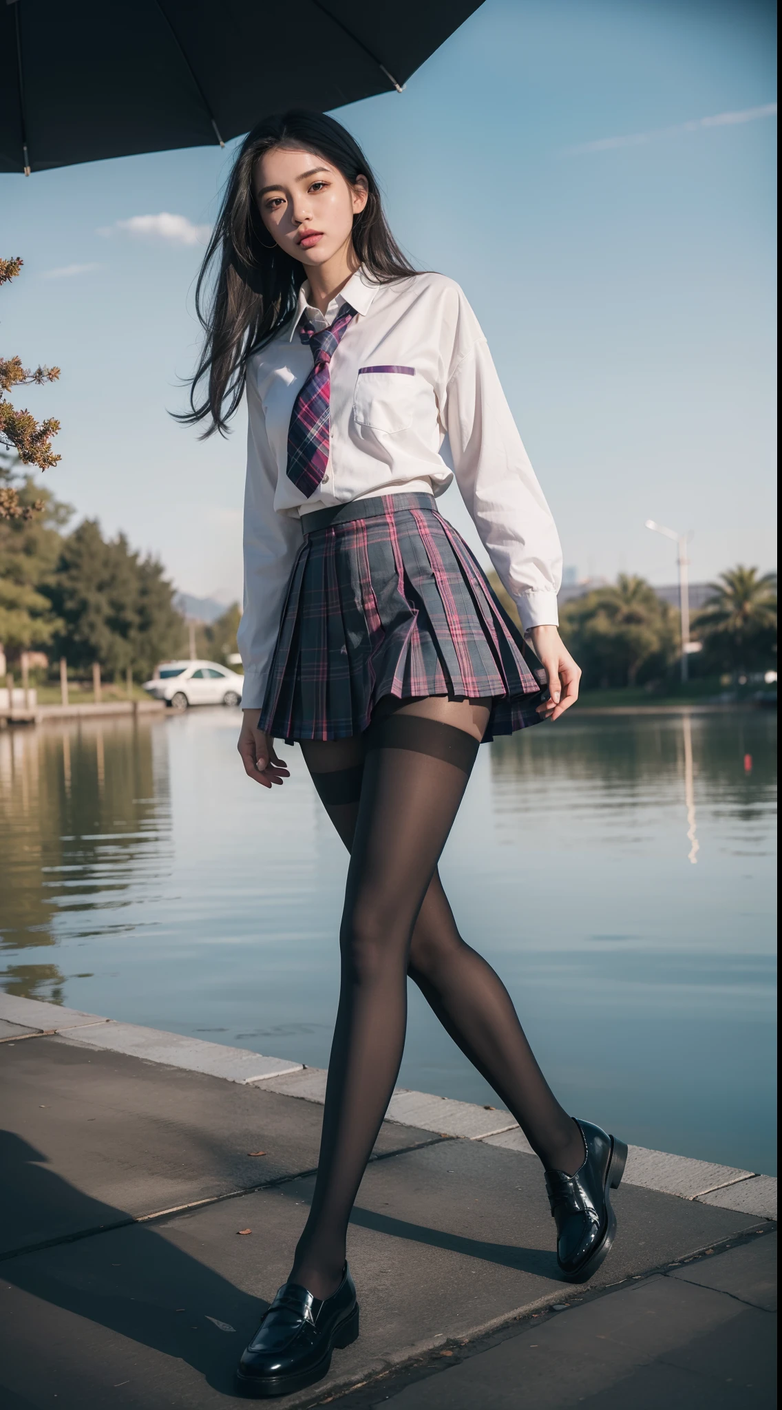 (full body:1.5)，(looking at viewer:1.4)，(anatomy correct:1.3)，(In the paradise of the day:1.3),(Wearing Very thick Pantyhose and JK student uniform plaid pleated skirt and JK uniform leather shoes :1.3), (A high jump posture:1.3),(In pink|amarelo|blue colors|green color|red colour|white colors|black in color|purpleish color|greys|Beige|Flesh color 1.4)，,(Accurate and perfect face:1.4),(Clothing Gloss:1.25),(Skin reflection:1.25)A shallow laugh,,hyper HD, Ray traching, reflective light，structurally correct, Award-Awarded, high detal, lightand shade contrast, Face lighting，cinmatic lighting, tmasterpiece, super detailing, high high quality, high detal, best qualityer, 16k，high contrast,