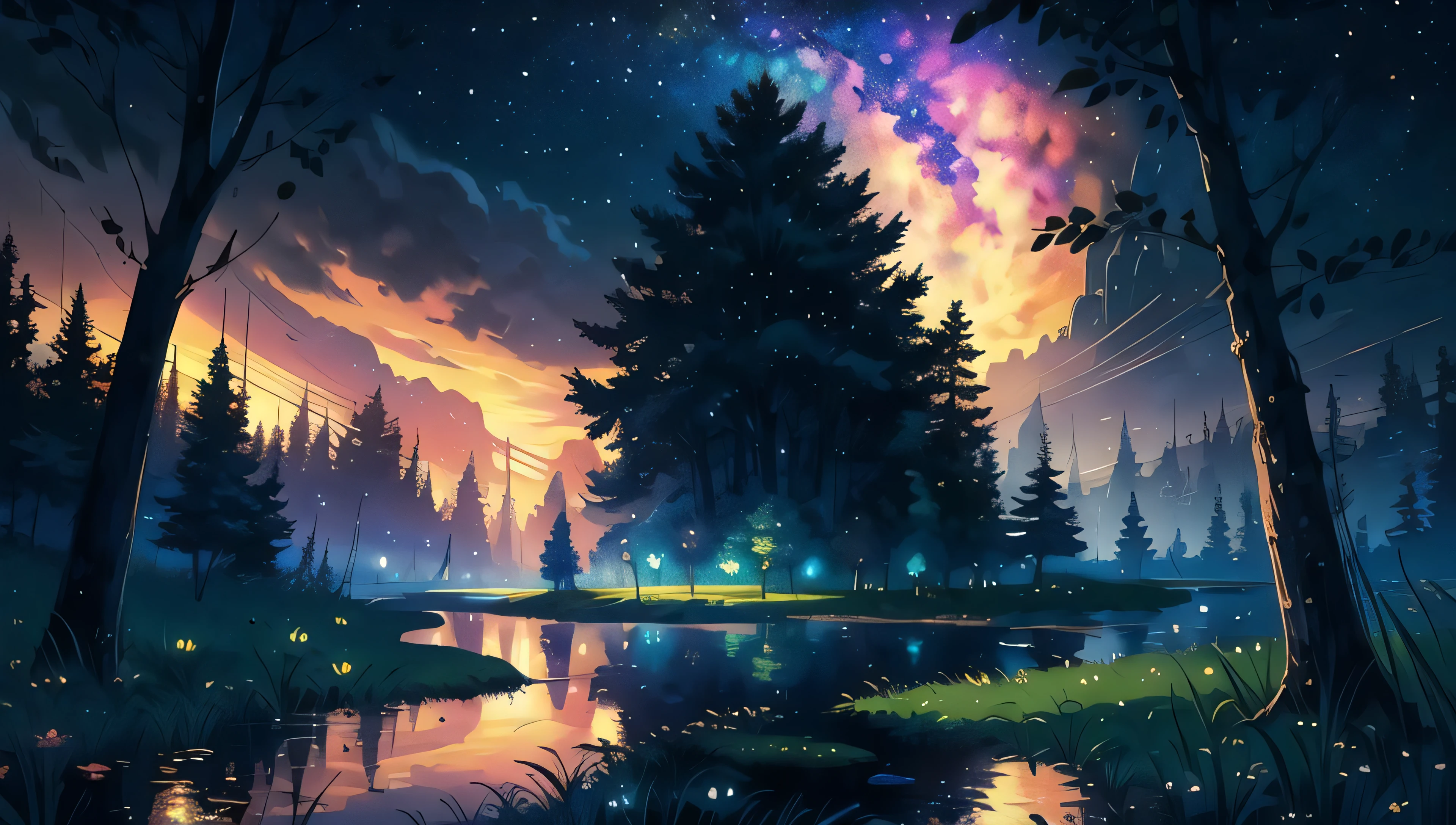 illustration, cartoon, soothing tones, calm colors, (anime), (illustration), cartoon, detailed, masterpiece, beautiful landscape, forest, pond, pathway,night, nebula, starry sky, 8k, best quality, dark shot, detailed