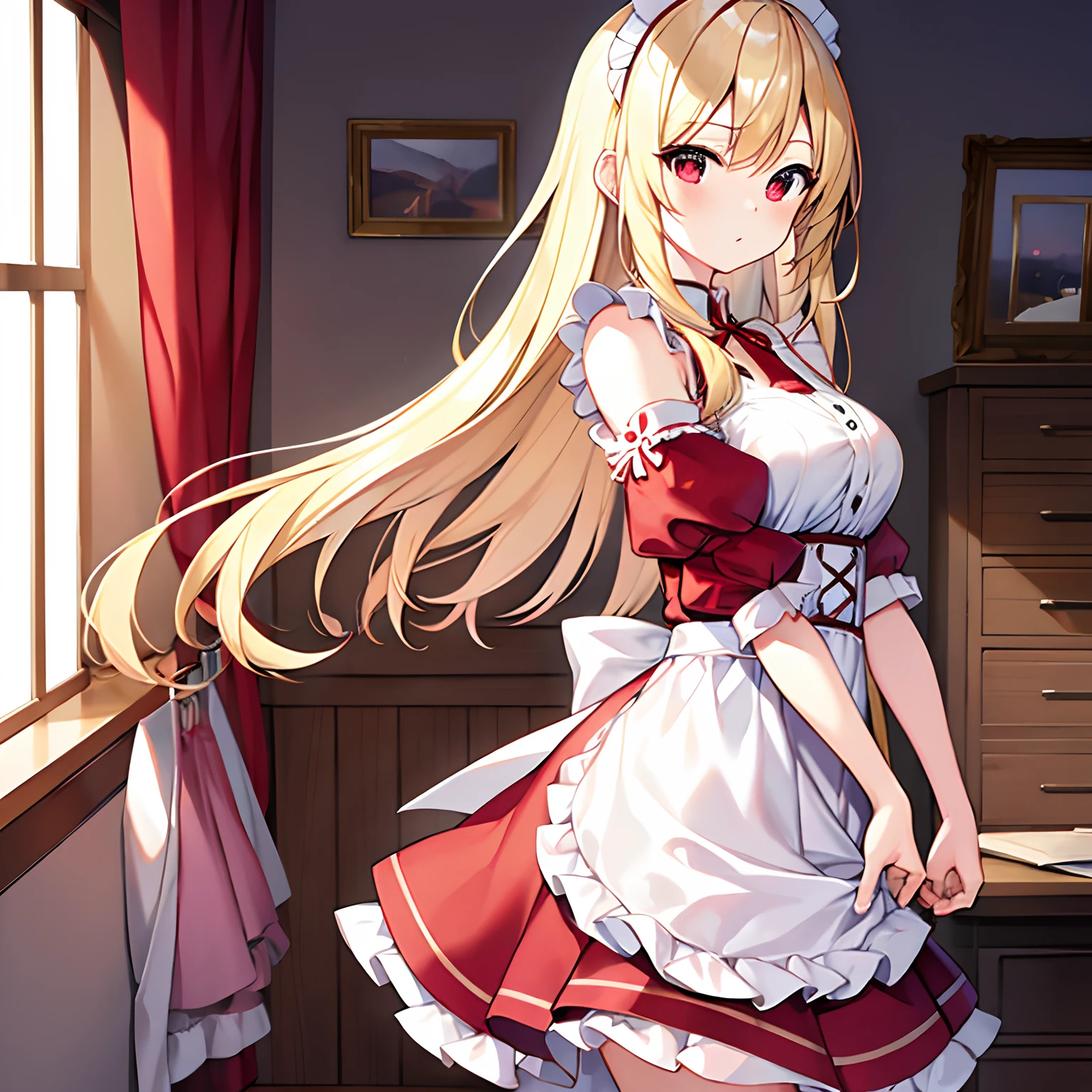 a blond、red eyes、Beautiful girl alone、独奏、animesque、maid clothes、off shoulders、a miniskirt、inside in room