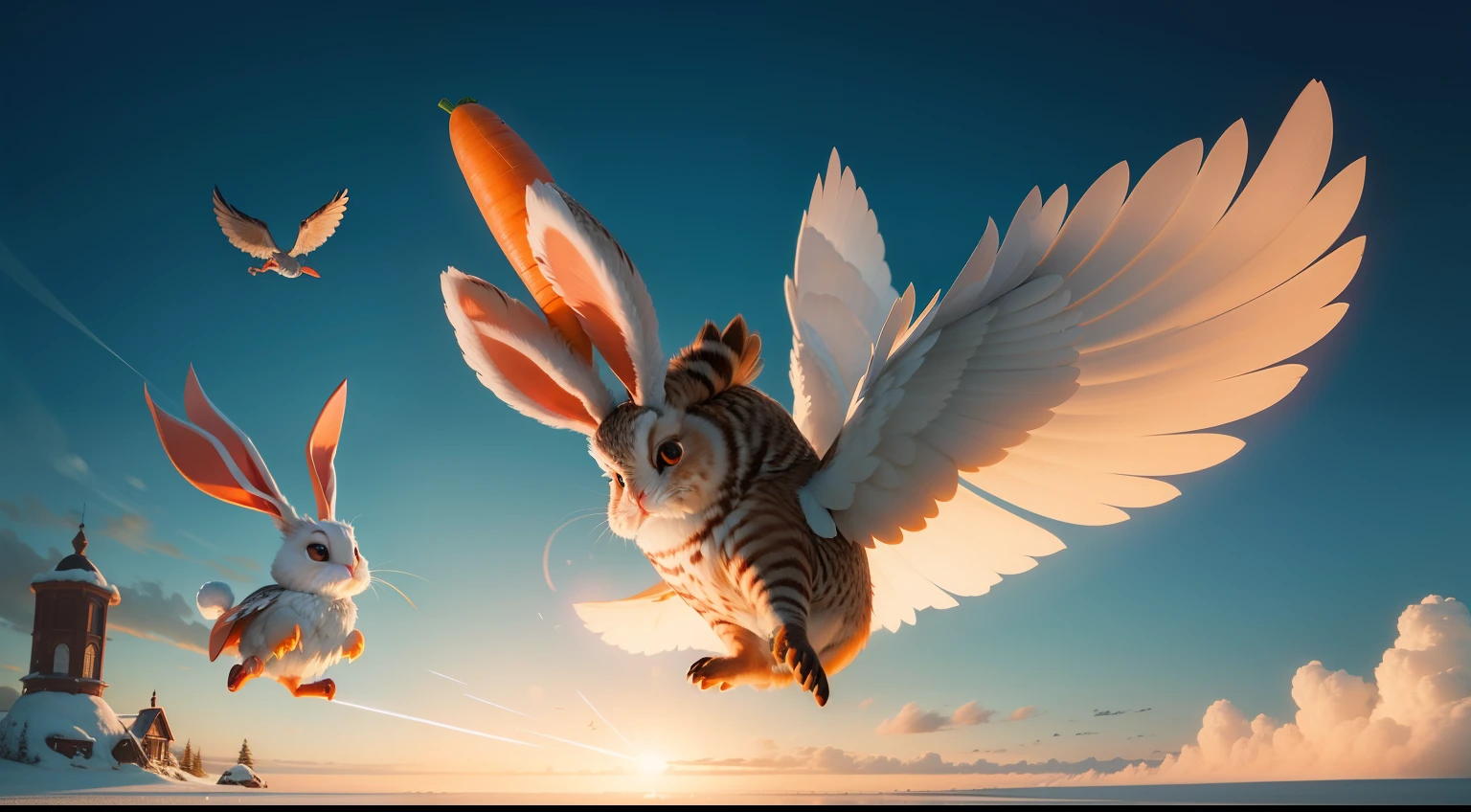 Bounce the bunny tripping over a carrot, sending Smarty Featherwing the owl flying into the air.