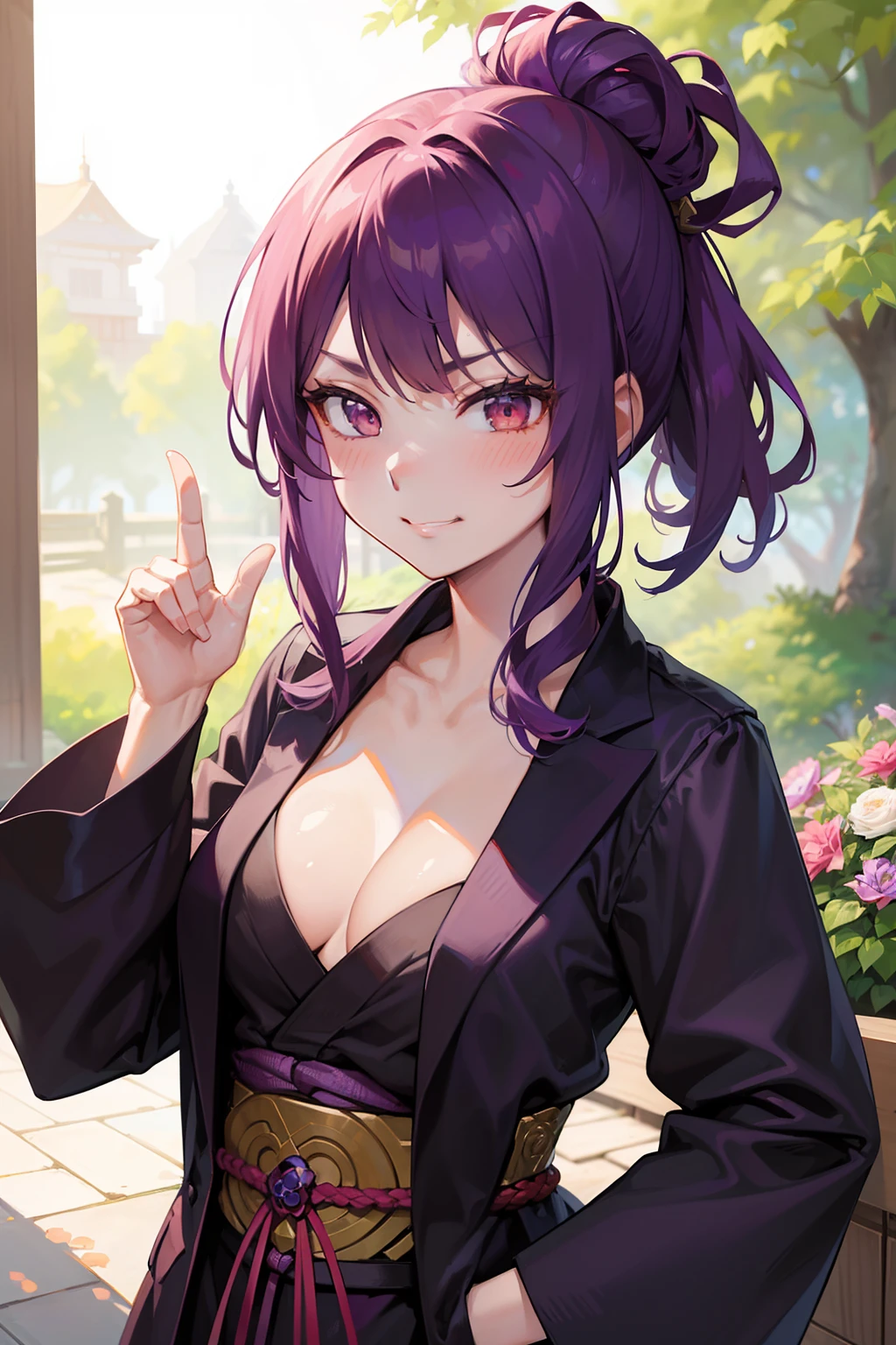 (best quality:1.1), (masterpiece:1.2), portrait, 1girl, yuzuriha_(jigokuraku), purple hair, brown eyes, ninja, open clothes, cleavage, small breasts, topknot, medium hair, breasts apart, white obi, smirk, outdoors, (blush:1.1), flowers,