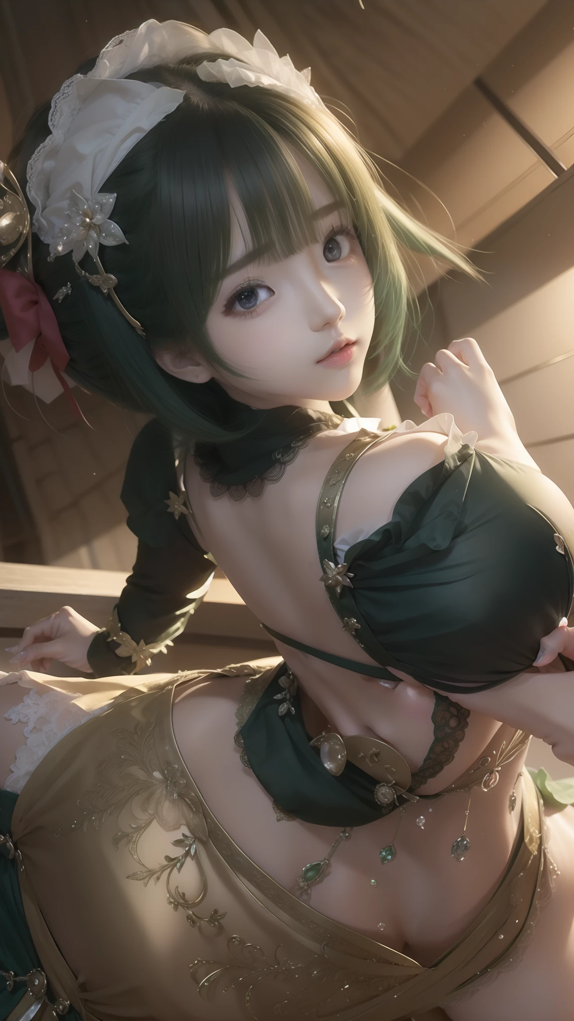1 girl, short hair, red eyes, green hair, servant dress, ultra details, ultra high res, 8k, both hands are hiding, normal body,