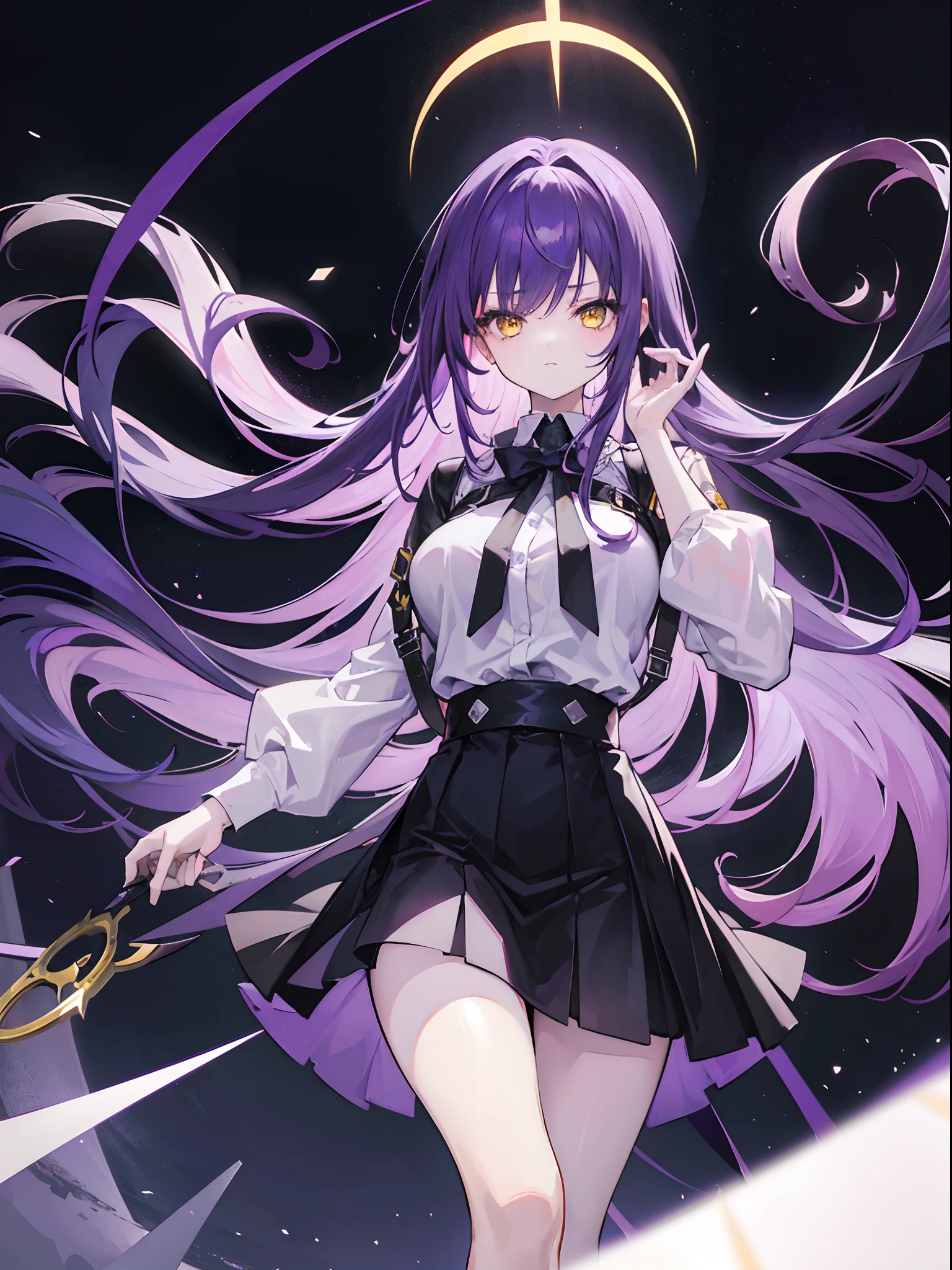 1girl, long purple hair, yellow eyes, wearing white shirt, long black skirt, apocalyptic city swallowed up by black holes, majestic pose, holding big purple scissors, looking at viewer, absurdres, high res, ultrasharp, 8k, masterpiece