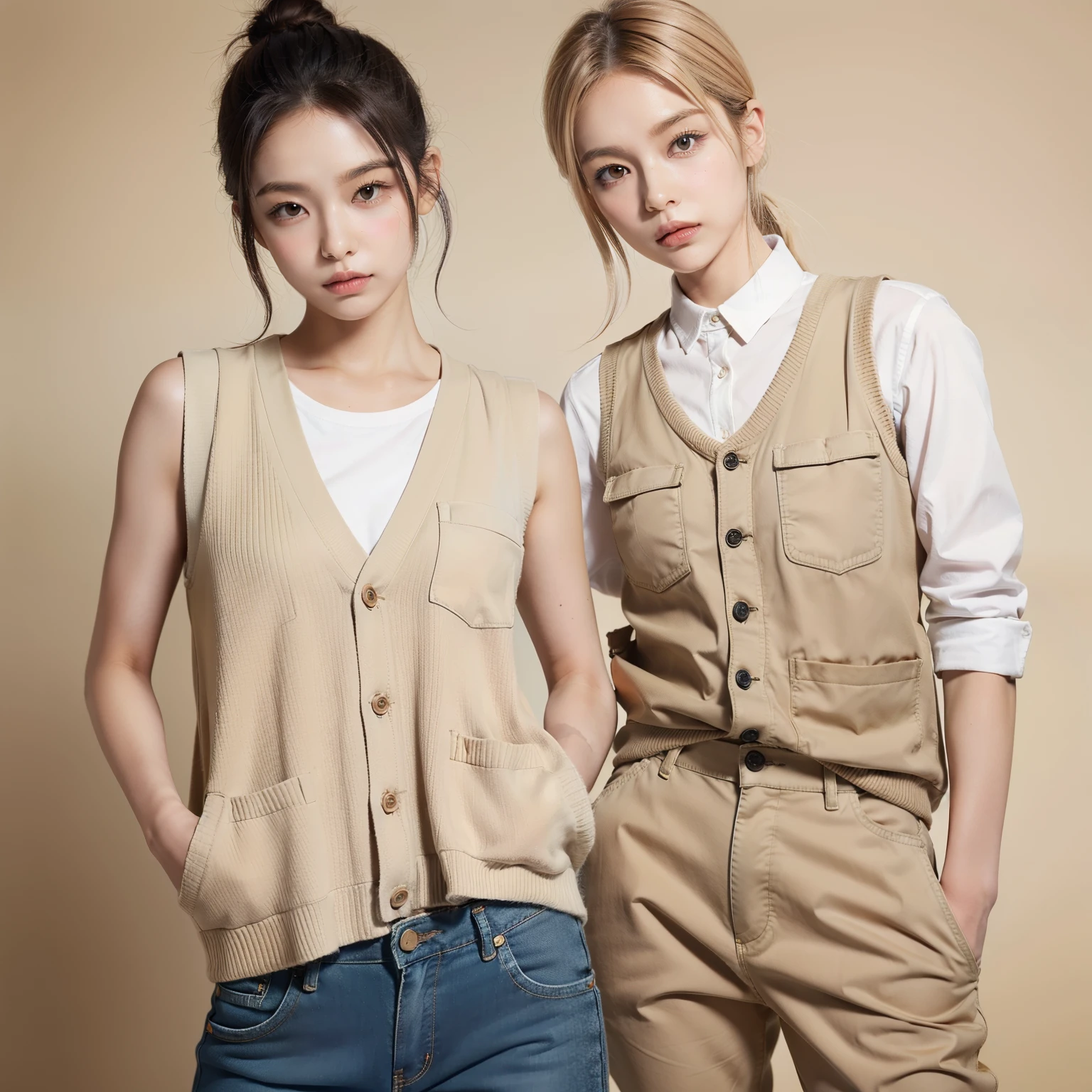 ((masterpiece, top quality, high definition)),A woman in a beige vest and blue pants stands with her hand in her pockets, wearing a tan vest and baggy pants. The clothing includes work clothes with two front pockets and is characterized by a modern casual and minimalistic style. The attire represents the year 2014, and the image is zoomed in to show crisp details.Mannish make-up, ((cool hair :1.2))