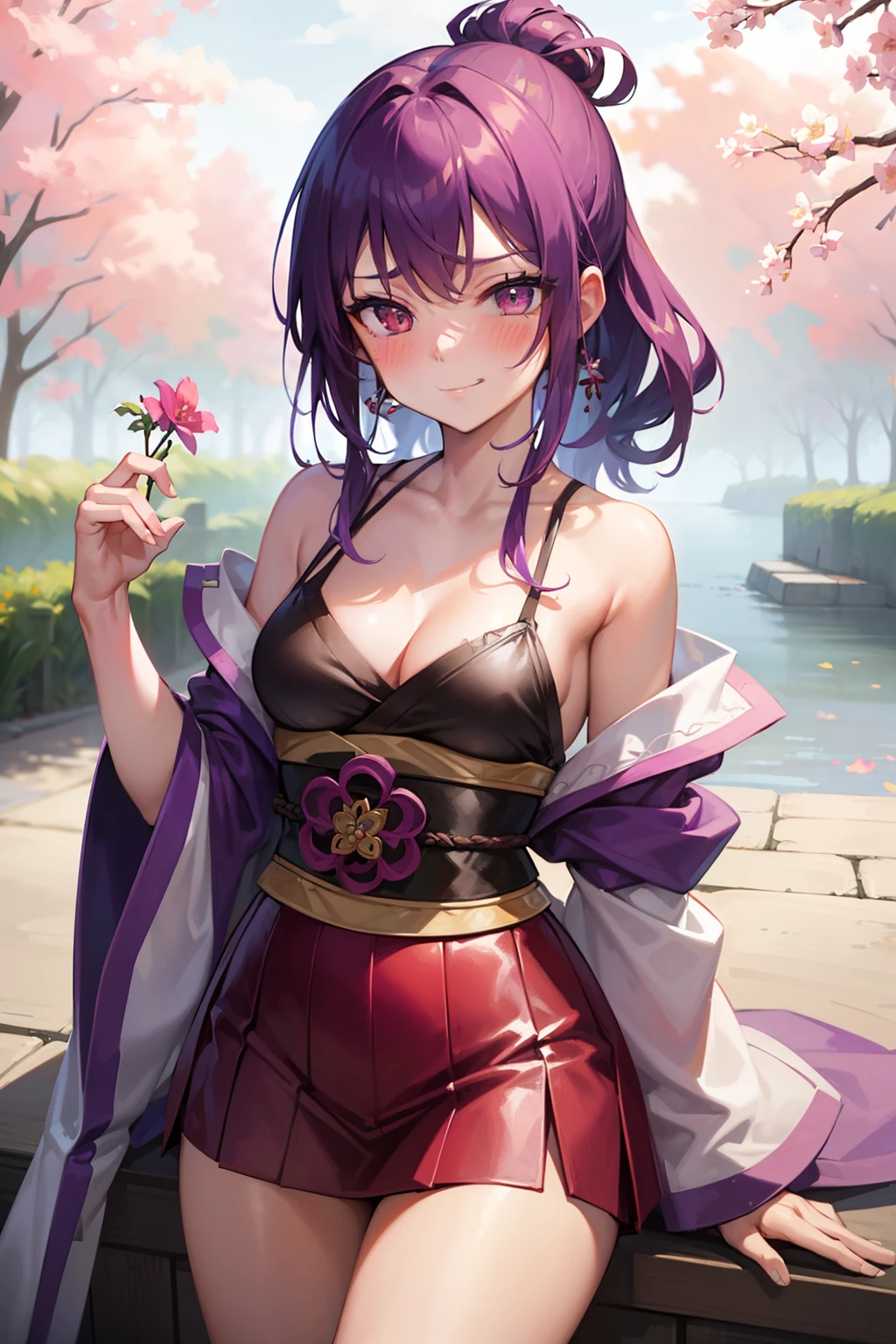 (best quality:1.1), (masterpiece:1.2), portrait, 1girl, yuzuriha_(jigokuraku), purple hair, brown eyes, ninja, open clothes, cleavage, small breasts, topknot, medium hair, breasts apart, white obi, smirk, outdoors, (blush:1.1), flowers,