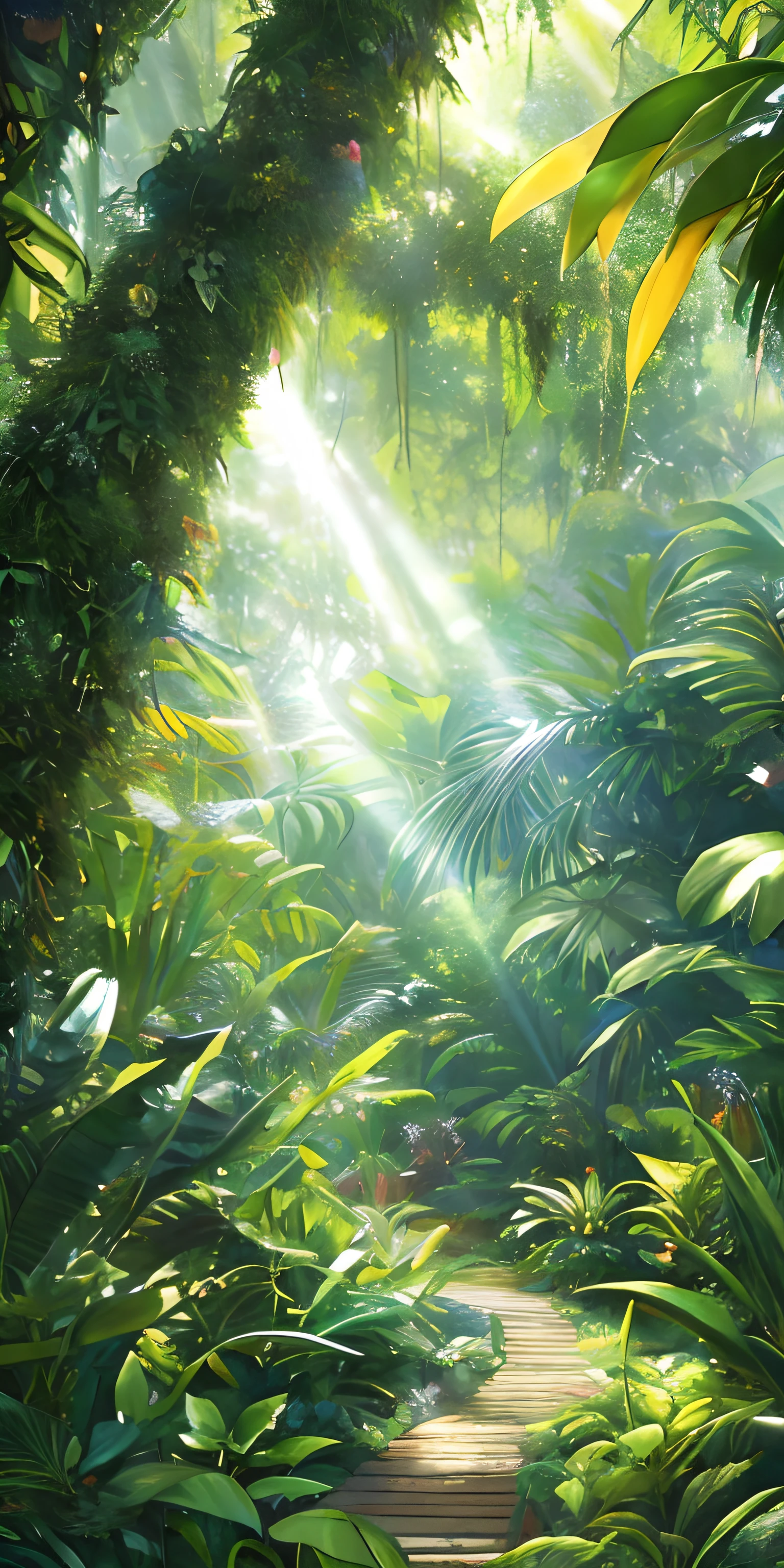 Digital illustration, detailed and intricate, of a dense jungle filled with exotic plants and animals, the sunlight filtering through the canopy creating a dappled effect. In the style of Yoshitaka Amano and Hayao Miyazaki, masterpiece, proportional, detailed, trending on artstation, beautiful lighting, realistic, intricate, award winning, 4k, highest quality