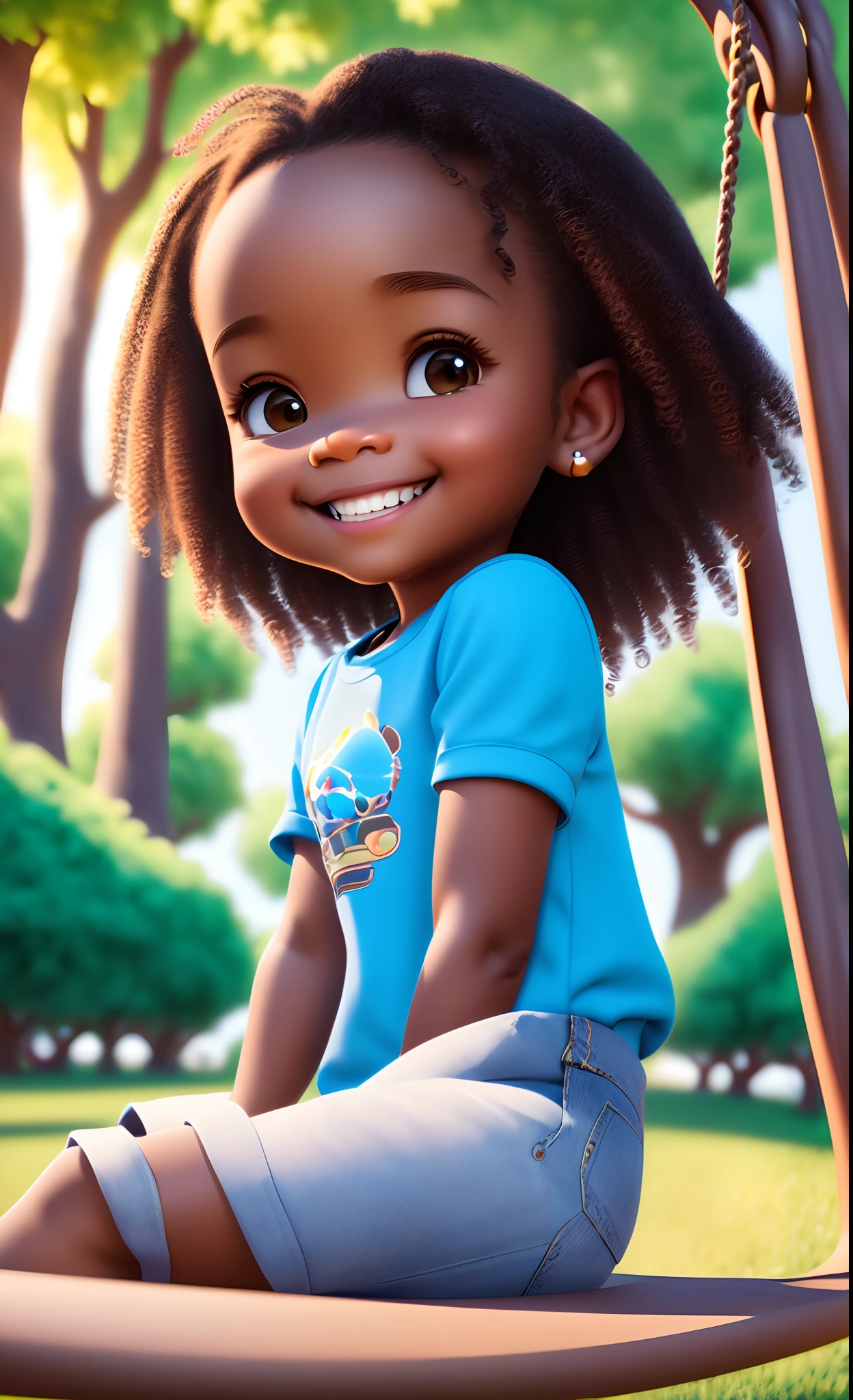 3D rendering of a 1 year old girl ((solo)), (crisp, perfect facial features), asymmetrical face, kind eye, (dark brown skin tone), cute, afro-alpine, cute smile, ((sitting on a swing in the park )), ((chibi) ) wearing t-shirt and jeans, current fashion, long hair with princess accessories, ((from under a tree)), park background, sunset, close-up, product view, detailed detail, pixar style, (((model face))), trend art, sharp detail, cgsociety, very high quality digital art, exquisite hyper detail, 4k, 8k soft lighting, dreamy, fashion, unreal engine rendering  :3