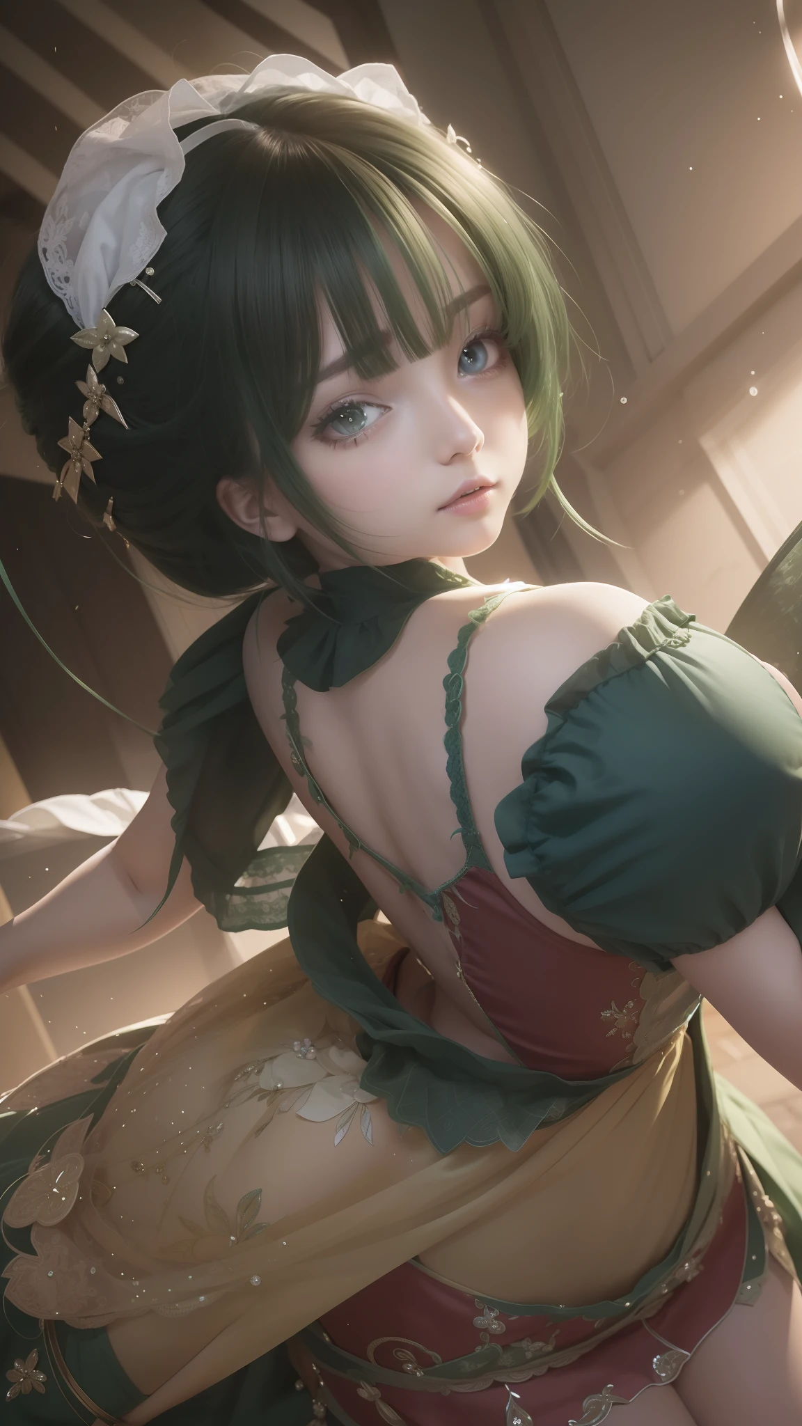 1 girl, short hair, red eyes, green hair, green and white dress, ultra details, ultra high res, 8k,