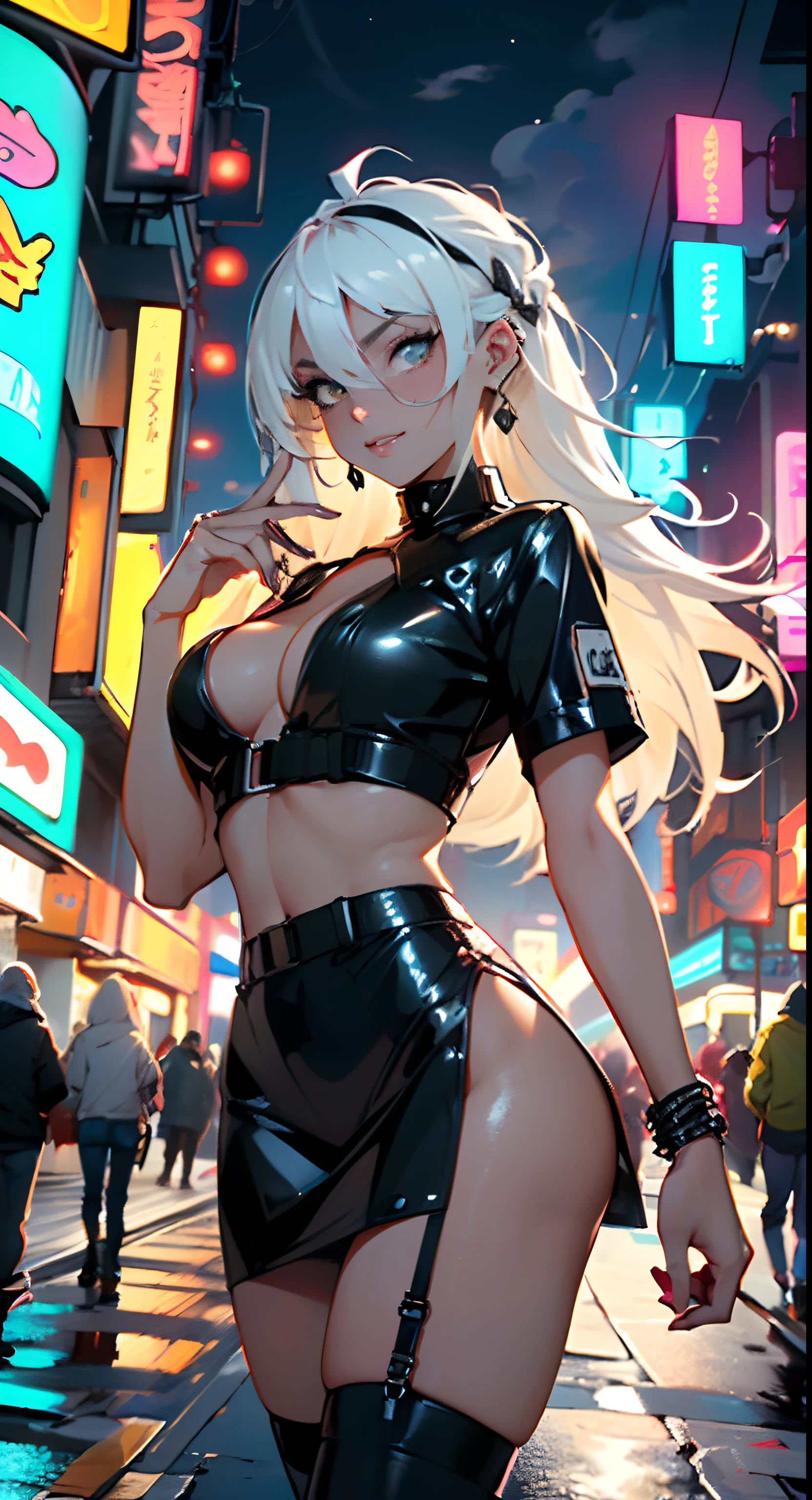 dark skin,very dark skin,dark_skin,
girl rave,(((1girl))),((anime girl with extremely cute and beautiful white hair walking seductively down the street)),

(large breasts:1.4),saggy breasts,(((white hair:1.35,straight hair,long hair:1.4,colored inner hair,ear breathing))),((very light yellow eyes:1.3,upturned eyes:1.3,perfect eyes,beautiful detailed eyes,gradient eyes:1,finely detailed beautiful eyes:1,symmetrical eyes:1,big highlight on eyes:1.2)),((fat)),((((black girl,black skin,dark-skinned_female,dark skin:1.3,ebony skin,lustrous skin:1.5,bright skin: 1.5,shiny skin,very shiny skin,shiny body,plastic glitter skin,exaggerated shiny skin,shiny skin like ebony))),(spider lower abdomen,narrow waist,wide hip,athletic body,inflated legs,delicate detailed fingers,detailed body,detailed arms,human hands,(detailed face)),glowing skin,shiny eyes with reflexion,splashing,ultra shiny hairs, neon hairs,hologram body

cute,slutty,seductive,erotic,(((nsfw))),

zettai ryouiki,revealing clothing,show skin,((rave shirt with an yellow print,rave mini-skirt,visible thong straps)),(wearing a rave outfit:1.3,rave clothes,semi-naked,with little clothing,),(detailed outfit,detailed clothes),glowing clothes,

(dynamic pose:1.0),solo focus,((mischievous smile)),centered,scale to fit dimensions,Rule of thirds,

outdoors,((night view)),(very pretty city neon synthwave,cyberpunk night street Background:1.5,dark sky,thick clouds),future vehicles,((neon lights)),thick clouds,(cyberpunk style,neon lights, (synthwave theme background), lonely street),(((detailed background:1.25))),

(best quality),(high resolution),(sharp focus),(ultra detailed),(extremely detailed),(extremely high quality artwork),8k_wallpaper,(extremely detailed CG 8k),(very fine 8K CG),((hyper super ultra detailed perfect piece)),flawless,(((masterpiece))),illustration,vibrant colors,(intricate),High contrast,Selective lighting,Double exposure,HDR (High Dynamic Range),Post-processing,Background blur,