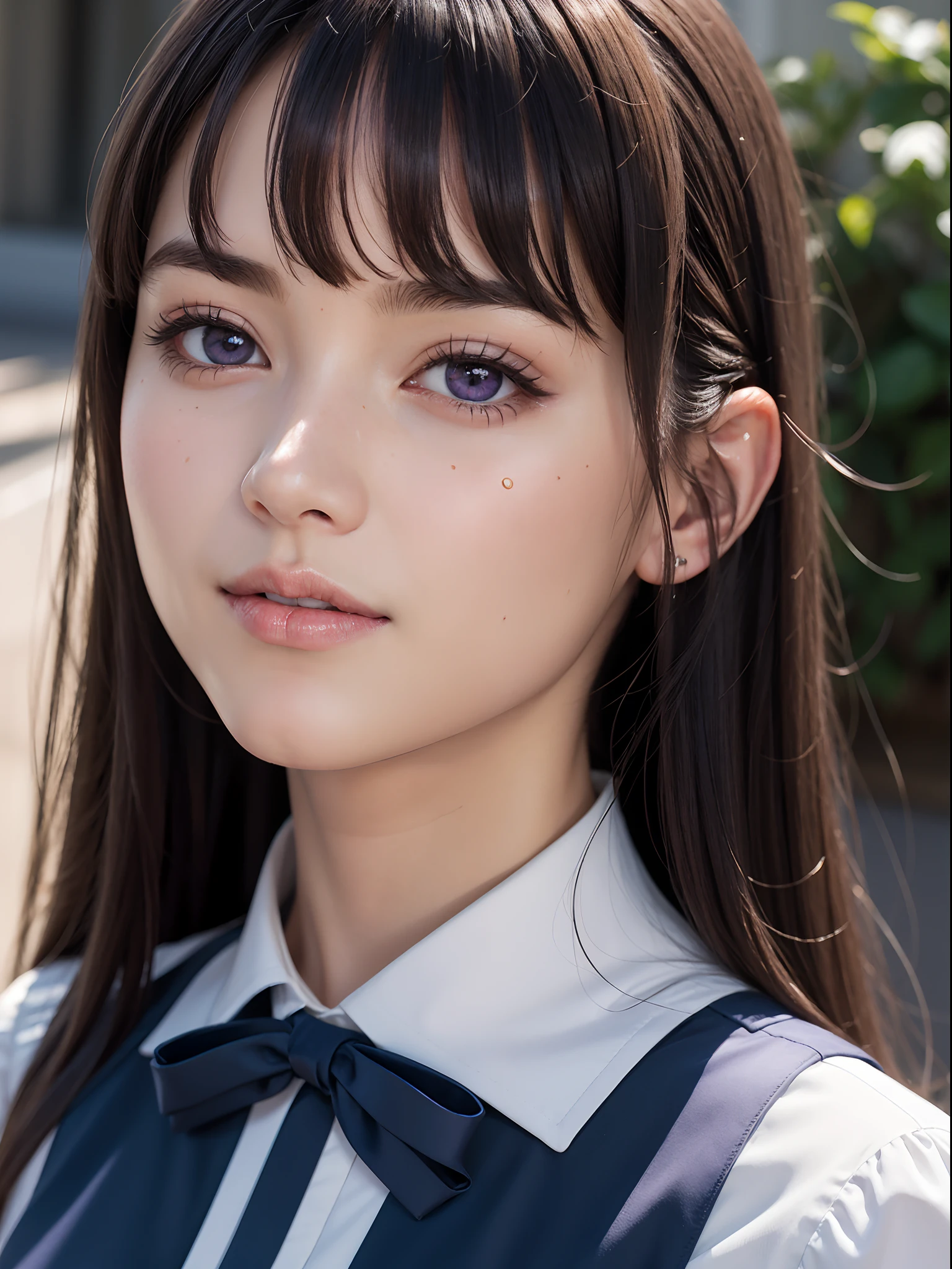 (masterpiece, best quality:1.4), (close up:1.5), (eyes focus:1.2), 1girl, solo, inoue takina, long hair, bangs, black hair, (purple eyes:1.2), BREAK shirt, long sleeves, dress, ribbon, school uniform, white shirt, collared shirt, belt, neck ribbon, blue dress, green ribbon, pleated dress, grey dress, two-tone dress, blue belt, lycoris uniform, looking at viewer, beautifull smile, beautiful face, highly detailed face, highly detailed eyes, highly detailed skin, skin pores, subsurface scattering, realistic pupils, full face blush, full lips, detailed background, depth of field, volumetric lighting, sharp focus, absurdres, realistic proportions, good anatomy, (realistic, hyperrealistic:1.4), 16k hdr,