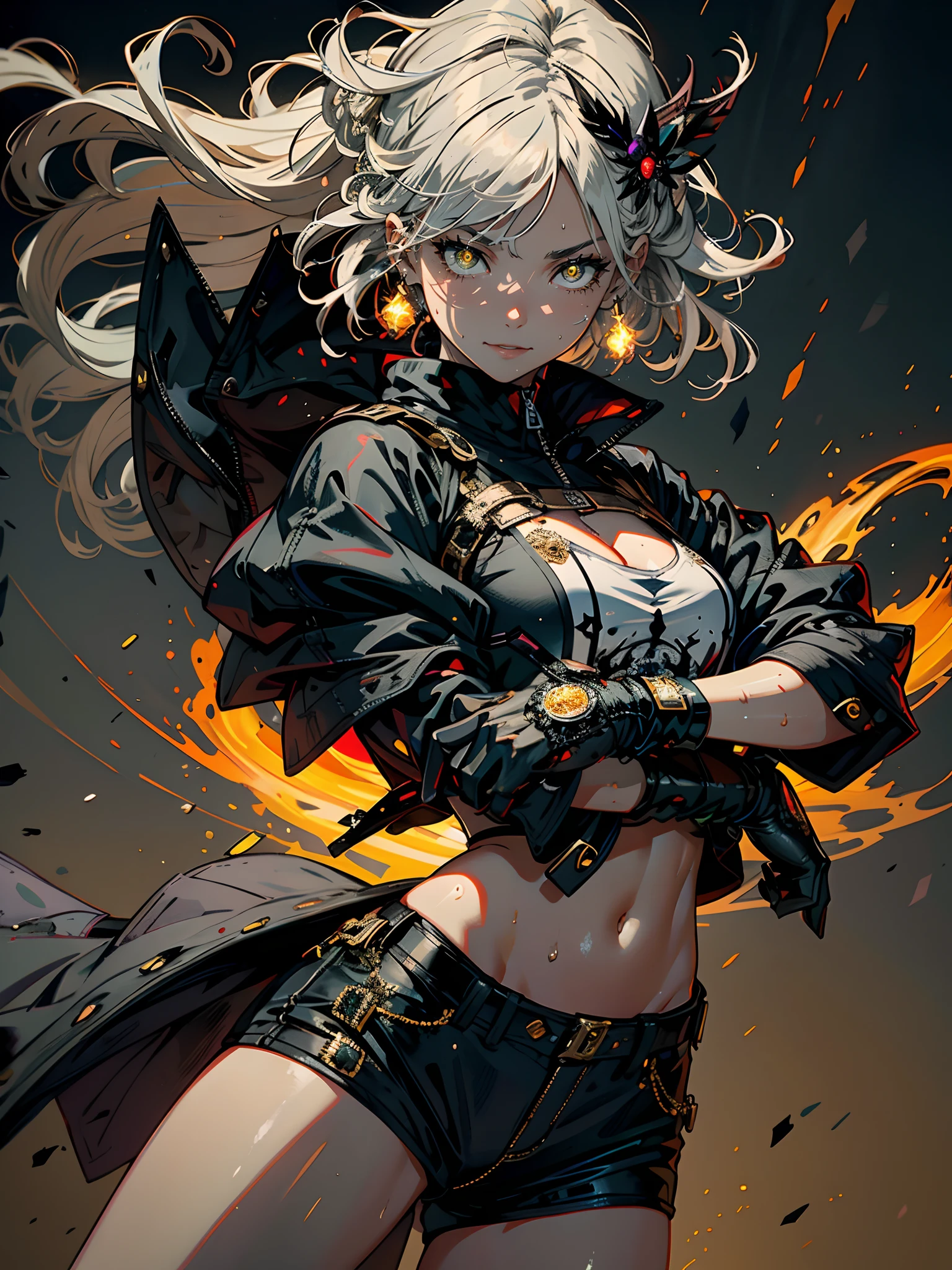 Masterpiece, Best quality, 1girll, Solo Woman, Cinematic light, Battle effect background, Long white hair, Yellow eyes, Big breasts, Black shorts, White cropping, Black jacket, warrior girl, intricate outfits, Hair ornaments, Glowing eyes, Smile, Blood dripped from the mouth, Long socks, navel, septum, Energy particles, Fighting stance, Sweat, Night, Glowing eyes, Dark skin, black glove