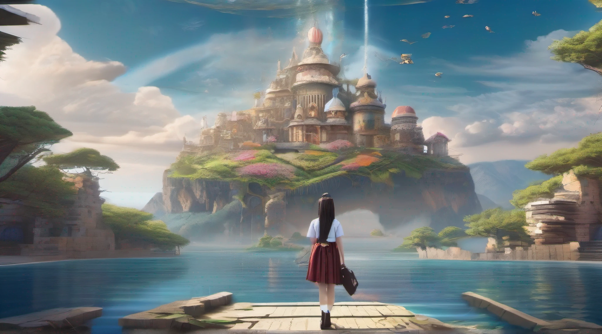 ccurate, best quality, masterpiece, UHD, high details, award winning, (Amazing:1.1), (Surrealism), Conceptual art, Verism, cinematic lighting, panorama, (((((beautiful school girl))))), (17 yr old), ((((full body)))), from behind, walking, without looking at me, (((wearing school uniform))), black eyes, black hair, (floating hair), ((8 life size)), detailed hairstyles, detailed bodyline, anatomically correct, (((she is lost in a surreal world of dreamlike landscapes))), A floating island in the sky, Quiet village with ruins and colorful houses, shallow sea, Horizon, ((beautiful Blue sea)), blue sky, paradise, many flowers, wind flow, (((fantasy))), frontier, (magnificent space),