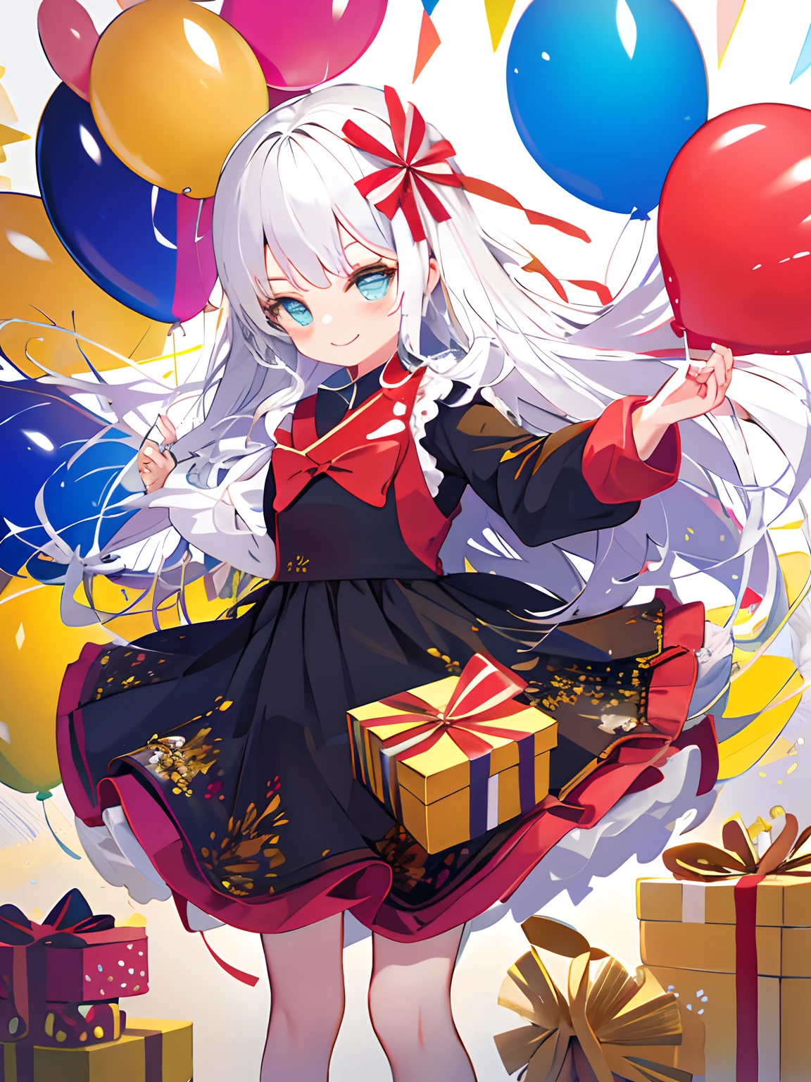 Balloons、celebration、Parti、girl with、Fashionable、Cute smile、Happiness、With crackers、looking at the viewers、present、Present Box