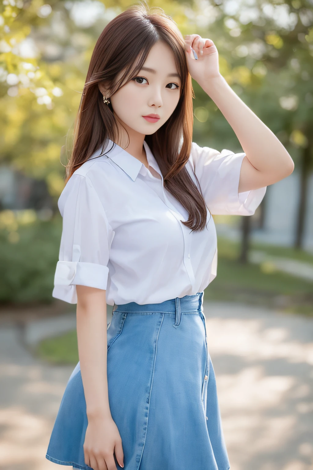 arafed asian woman in a white shirt and blue skirt posing for a picture, beautiful Korean women, Korean Girl, Gorgeous young Korean woman, Beautiful young Korean woman, Korean Woman, korean female fashion model, Engaging pose, Cute elegant pose, beautiful full body shot, Casual pose, jaeyeon nam, in a white shirt, Beautiful Asian Girl