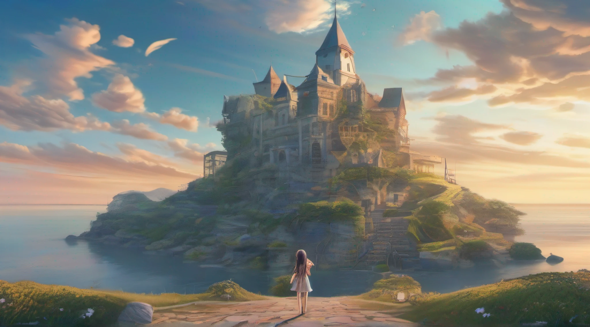 ccurate, best quality, masterpiece, UHD, high details, award winning, (Amazing:1.1), (Surrealism), Conceptual art, Verism, cinematic lighting, panorama, (((((beautiful school girl))))), (r old)(((full body)))), from behind, walking, without looking at me, (((wearing school uniform))), black eyes, black hair, (floating hair), ((8 life size)), detailed hairstyles, detailed bodyline, anatomically correct, (((she is lost in a surreal world of dreamlike landscapes))), A floating island in the sky, Quiet village with ruins and colorful houses, shallow sea, Horizon, ((beautiful Blue sea)), blue sky, paradise, many flowers, wind flow, (((fantasy))), frontier, (magnificent space),