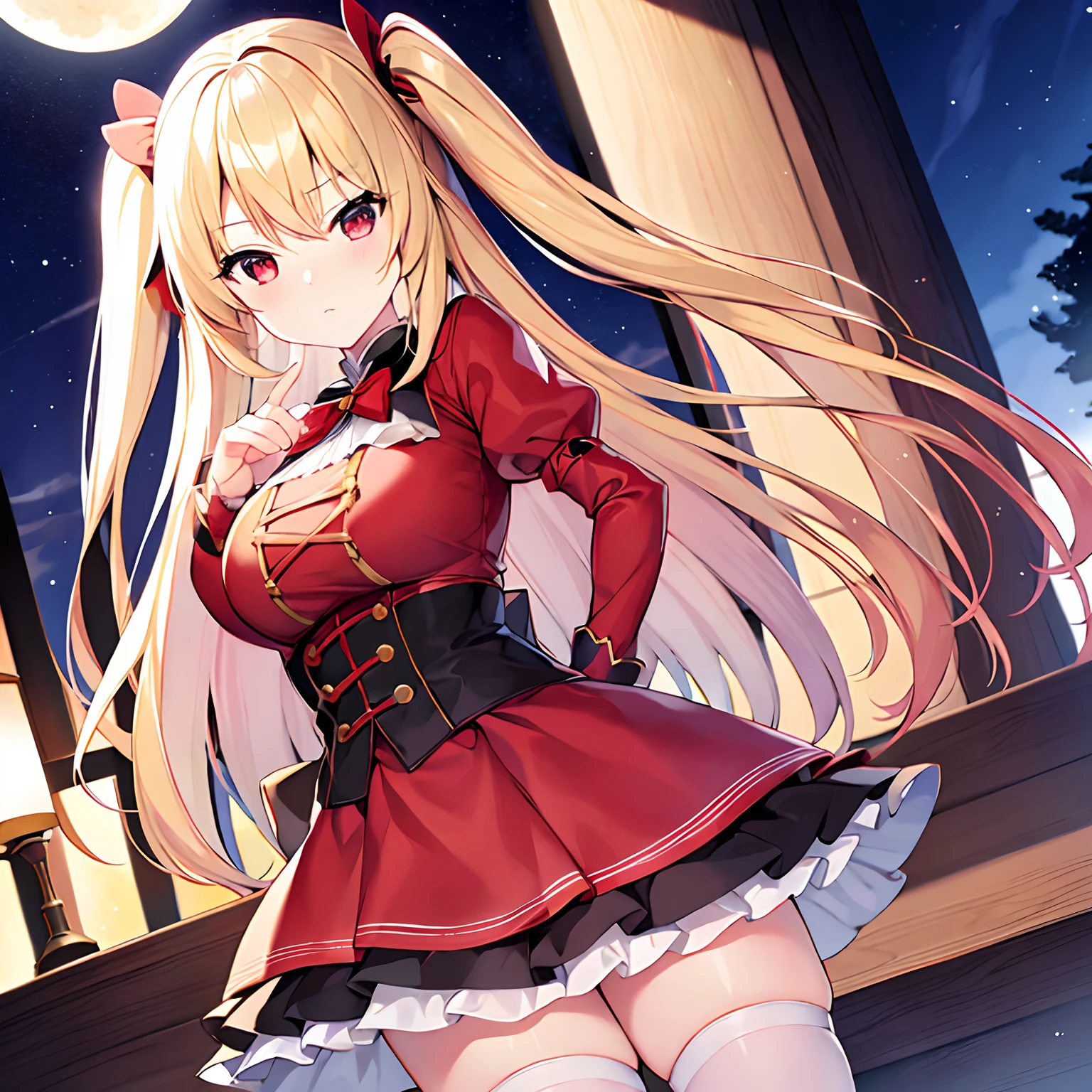 a blond、red eyes、Beautiful girl alone、独奏、animesque、borgar、Bright red Gothic Lolita、a miniskirt、a moon、Midnight