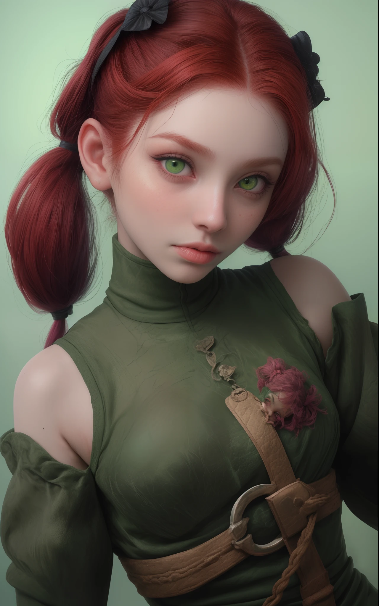 Rosto de uma mulher ruiva,(olhos normais verdes),Cabelo pigtails com franja, pele detalhada com sardas a bochecha,small mouth fleshy lips ,Camera angle up close,Maximum resolution of 8k