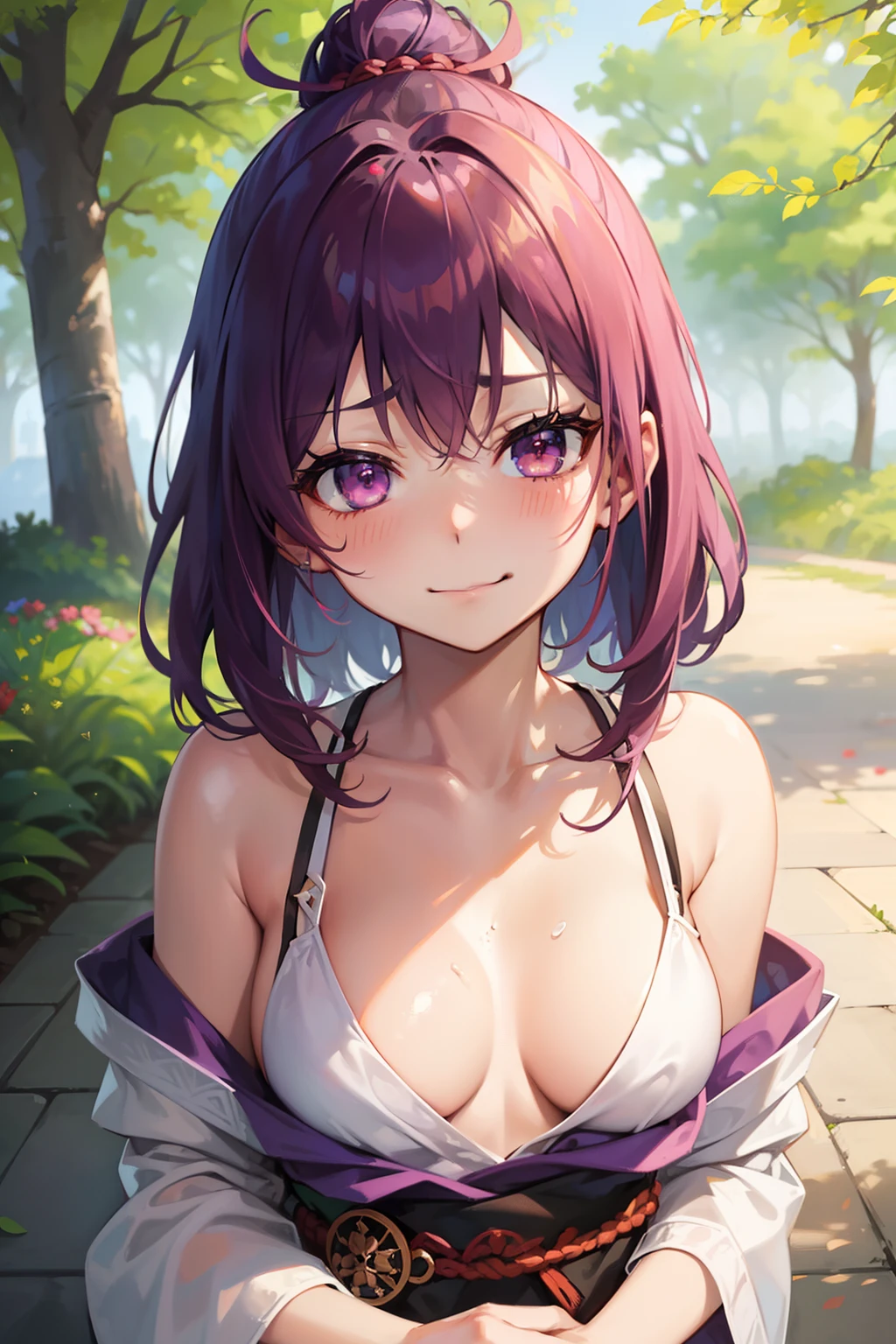 (best quality:1.1), (masterpiece:1.2), portrait, 1girl, yuzuriha_(jigokuraku), purple hair, brown eyes, ninja, open clothes, cleavage, small breasts, topknot, medium hair, breasts apart, white obi, smirk, outdoors, (blush:1.1), flowers (NSFW)