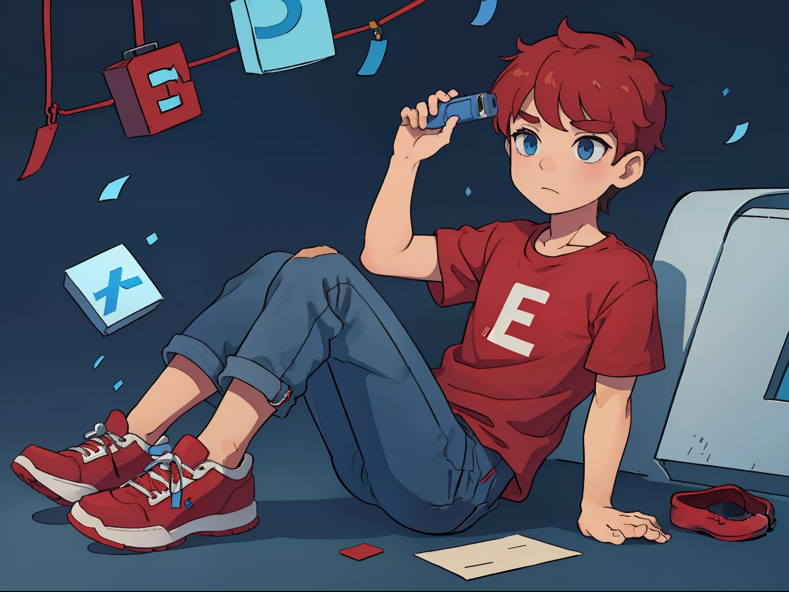 A boy with the red shirt with the letter E on the shirt causes jeans is blue shoe