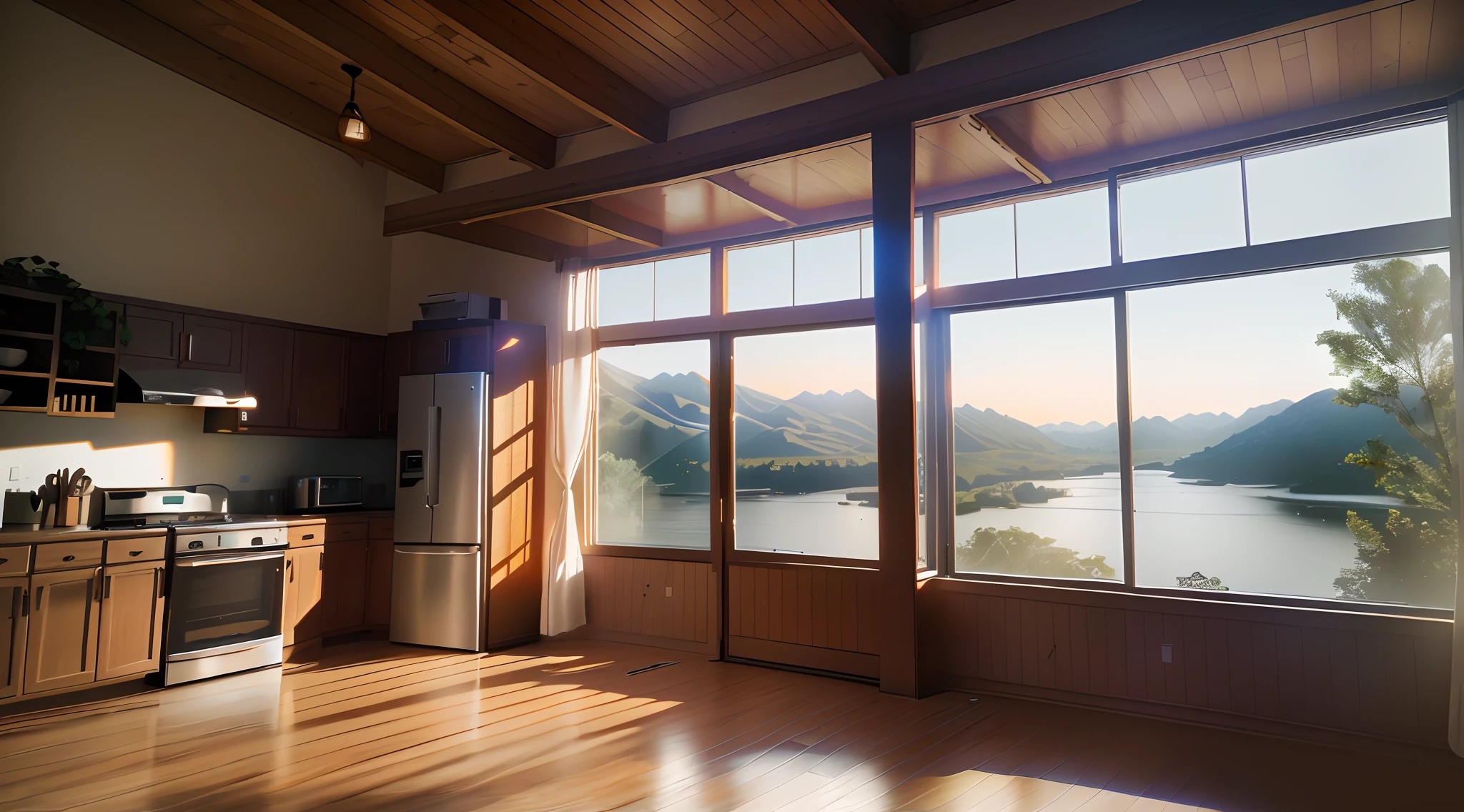 Ararfed view of a kitchen with a large window and a stove, natural Detailed Lighting, natural window lighting, realistic afternoon lighting, Renderizado no Lumion Pro, luz natural no quarto, janela de luz natural, janelas grandes, Cozinha da casa em uma noite, floor to ceiling window, natural lighting. 8 mil, imagem de um loft na noite, unreal engine realistic render