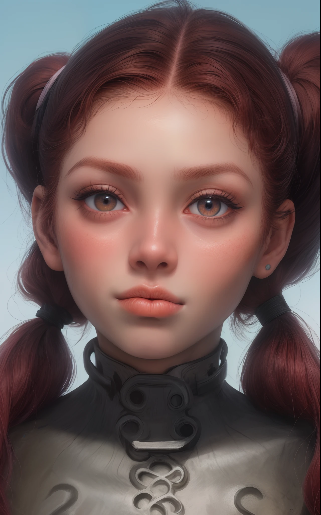 Rosto de uma mulher ruiva,(olhos normais 8k),Cabelo pigtails com franja, pele detalhada com sardas a bochecha, pele bronzeada,small mouth fleshy lips ,Camera angle up close,Maximum resolution of 8k