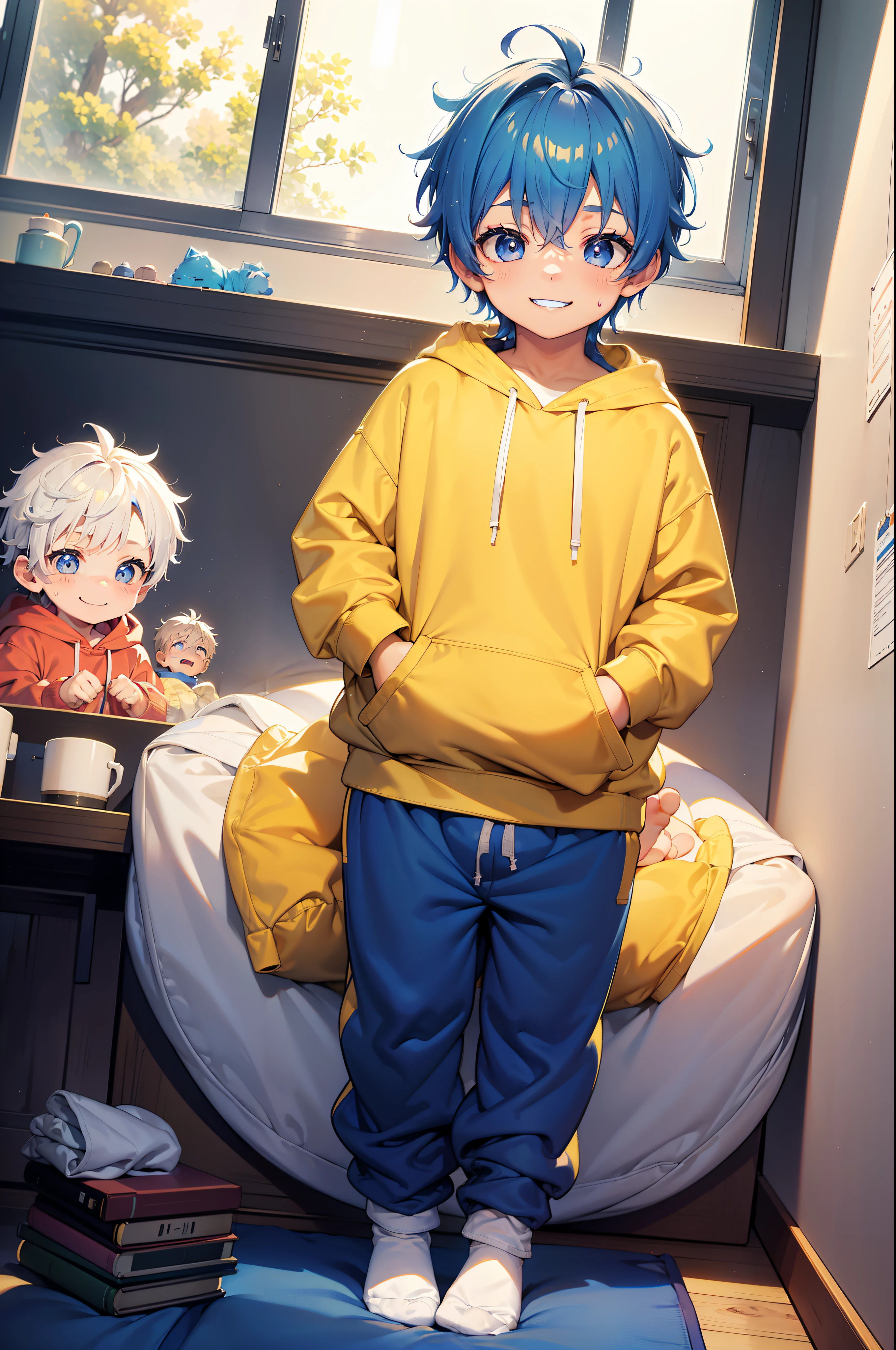 Masterpiece, chubby  boy with blue hair and shiny bright gold colored eyes and small socks wearing a hoodie, and oversized sweatpants sitting in a his room, raining outside window, young, boy, child,l, toddsoft lit, (sweatpants:1.4), (undersized socks:1.4), (Boy:1.4), (Shota:1.4), (Young:1.4), (Male:1.4), (smiling:1.4), (foot:1.4), (shy:1.4), (pastel:1.0), (colors:1.0), (cute colors:1.0),