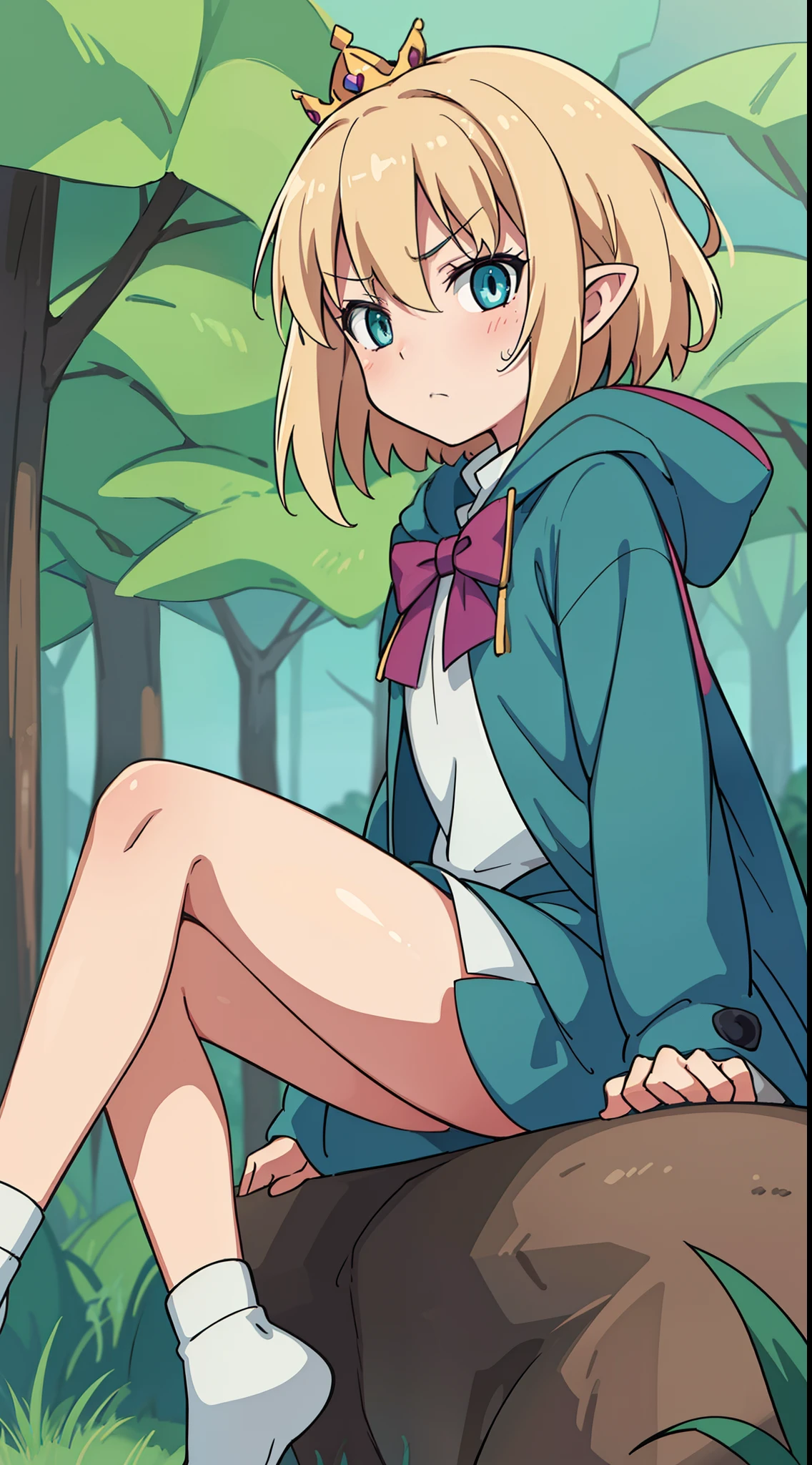 hiquality, tmasterpiece (One  girl, pixie) Princess. Little Crown. Cute frown face, blonde hair. blue eyes – green hunting cloak. On the outskirts of the forest