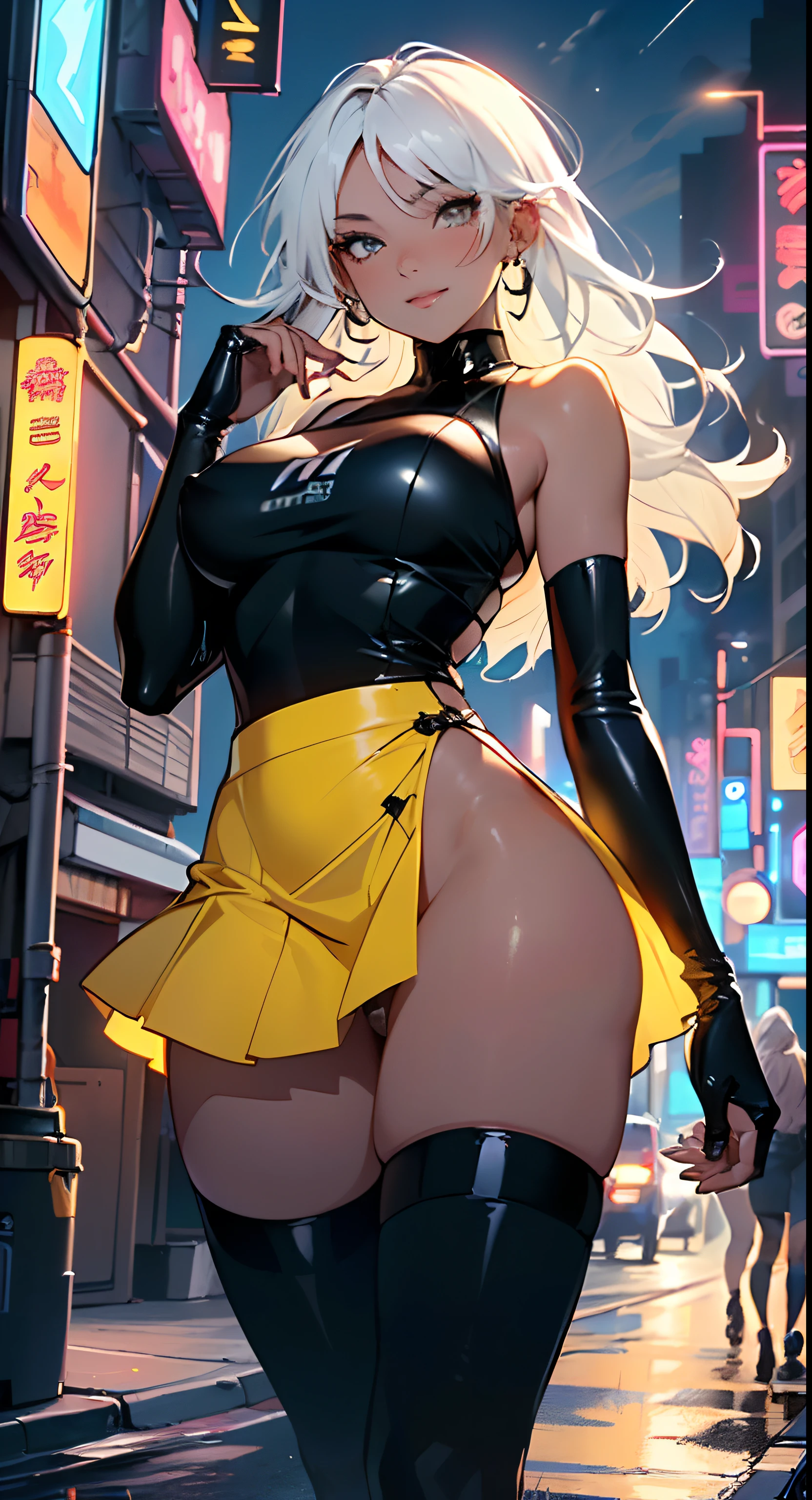 dark skin,very dark skin,dark_skin,
girl rave,(((1girl))),((anime girl with extremely cute and beautiful white hair walking seductively down the street)),
(large breasts:1.4),saggy breasts,(((white hair:1.35,straight hair,long hair:1.4,colored inner hair,ear breathing))),((very light yellow eyes:1.3,upturned eyes:1.3,perfect eyes,beautiful detailed eyes,gradient eyes:1,finely detailed beautiful eyes:1,symmetrical eyes:1,big highlight on eyes:1.2)),((fat)),((((black girl,black skin,dark-skinned_female,dark skin:1.3,ebony skin,lustrous skin:1.5,bright skin: 1.5,shiny skin,very shiny skin,shiny body,plastic glitter skin,exaggerated shiny skin,shiny skin like ebony))),(spider lower abdomen,narrow waist,wide hip,athletic body,inflated legs,delicate detailed fingers,detailed body,detailed arms,human hands,(detailed face)),glowing skin,shiny eyes with reflexion,splashing,ultra shiny hairs, neon hairs,hologram body
cute,slutty,seductive,erotic,(((nsfw))),
zettai ryouiki,revealing clothing,show skin,((rave shirt with an yellow print,rave mini-skirt,visible thong straps)),(wearing a rave outfit:1.3,rave clothes,semi-naked,with little clothing,),(detailed outfit,detailed clothes),glowing clothes,
(dynamic pose:1.0),solo focus,((mischievous smile)),centered,scale to fit dimensions,Rule of thirds,
outdoors,((night view)),(very pretty city neon synthwave,cyberpunk night street Background:1.5,dark sky,thick clouds),future vehicles,((neon lights)),thick clouds,(cyberpunk style,neon lights, (synthwave theme background), lonely street),(((detailed background:1.25))),
(best quality),(high resolution),(sharp focus),(ultra detailed),(extremely detailed),(extremely high quality artwork),8k_wallpaper,(extremely detailed CG 8k),(very fine 8K CG),((hyper super ultra detailed perfect piece)),flawless,(((masterpiece))),illustration,vibrant colors,(intricate),High contrast,Selective lighting,Double exposure,HDR (High Dynamic Range),Post-processing,Background blur,
