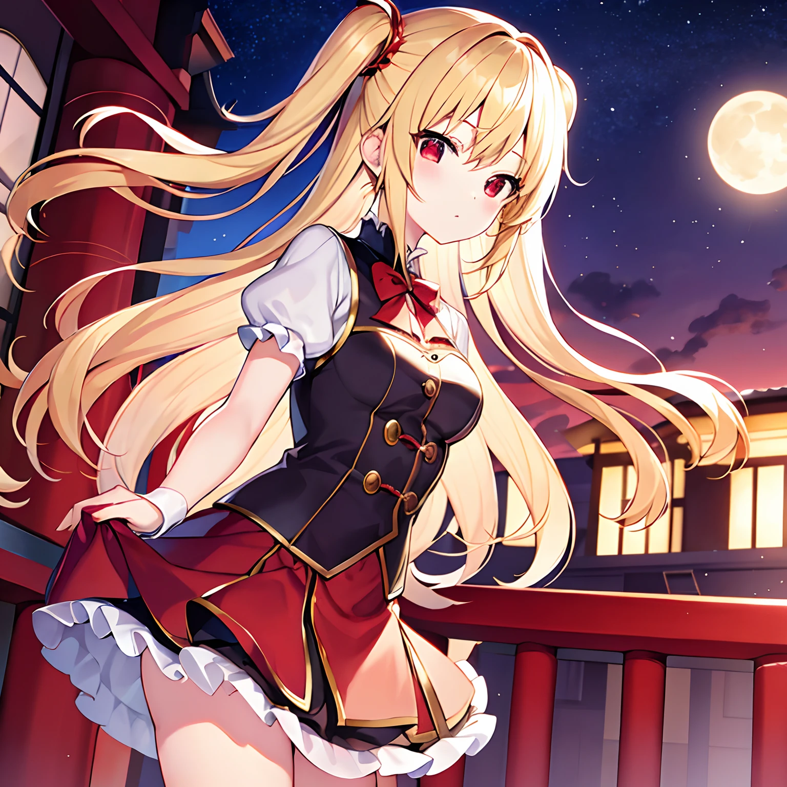 a blond、red eyes、Beautiful girl alone、独奏、animesque、borgar、Bright red Gothic Lolita、a miniskirt、a moon、Midnight