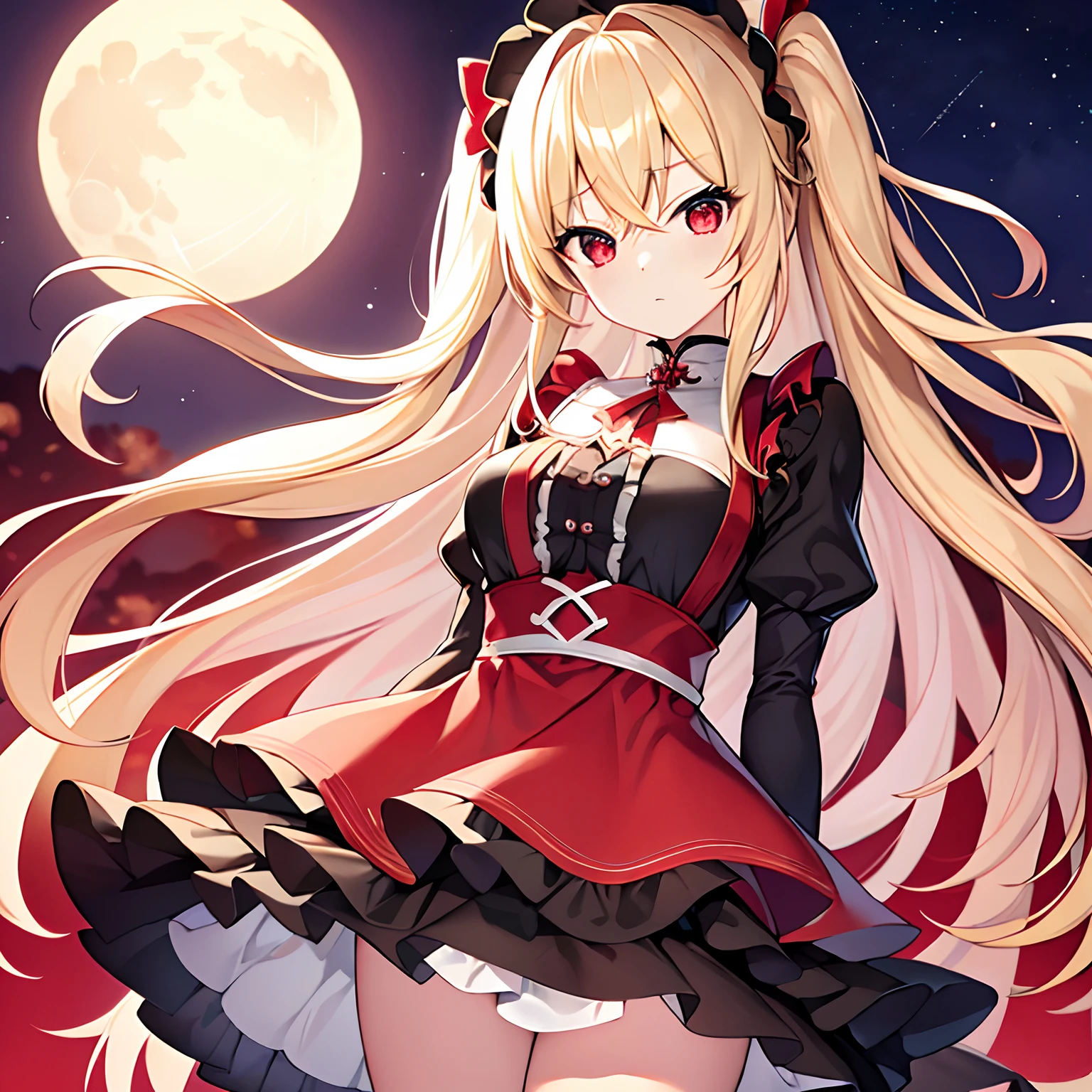 a blond、red eyes、Beautiful girl alone、独奏、animesque、borgar、Bright red Gothic Lolita、a miniskirt、a moon、Midnight