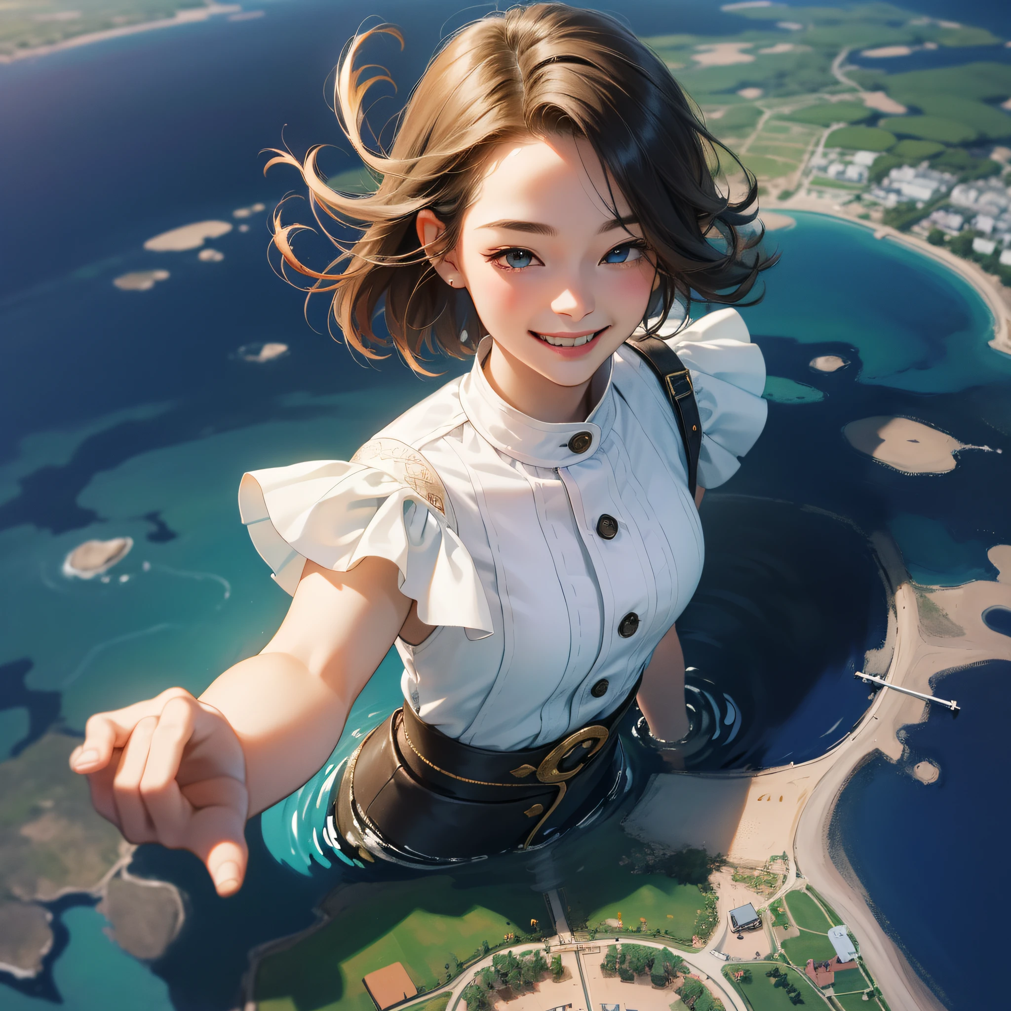 in 8K、top-quality、masterpiece:1.2)、1人の女性、(Smiling smile:1.1)、beautidful eyes、Valley、The upper part of the body、shorth hair、Like a boy 、Quirk hair、short-cut、