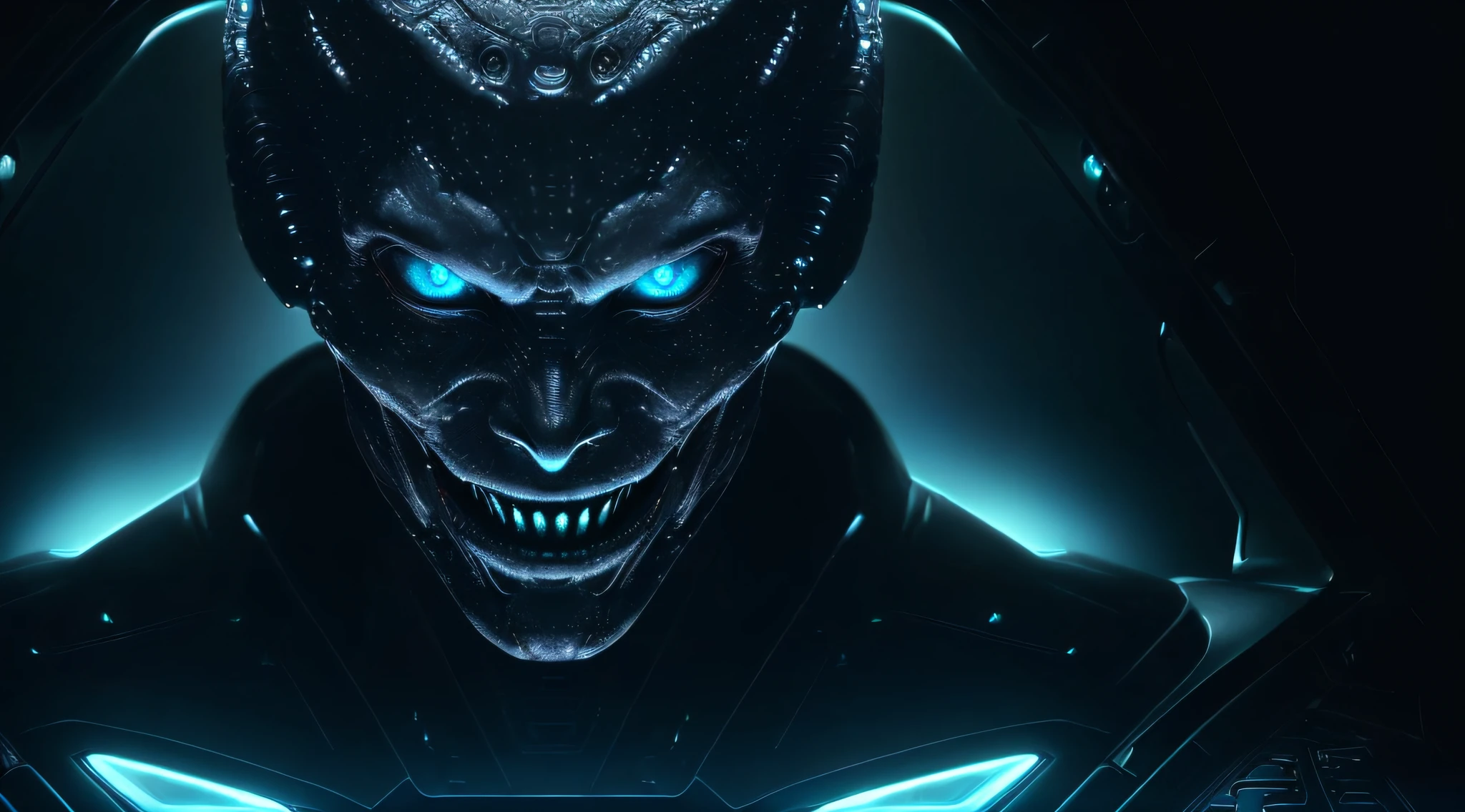 an alien in a spaceship , ((close up, face, scary, horror, demonic, evil, highly detailed, best quality, masterpiece)), raw, 8k uhd, smiling, flashlight,