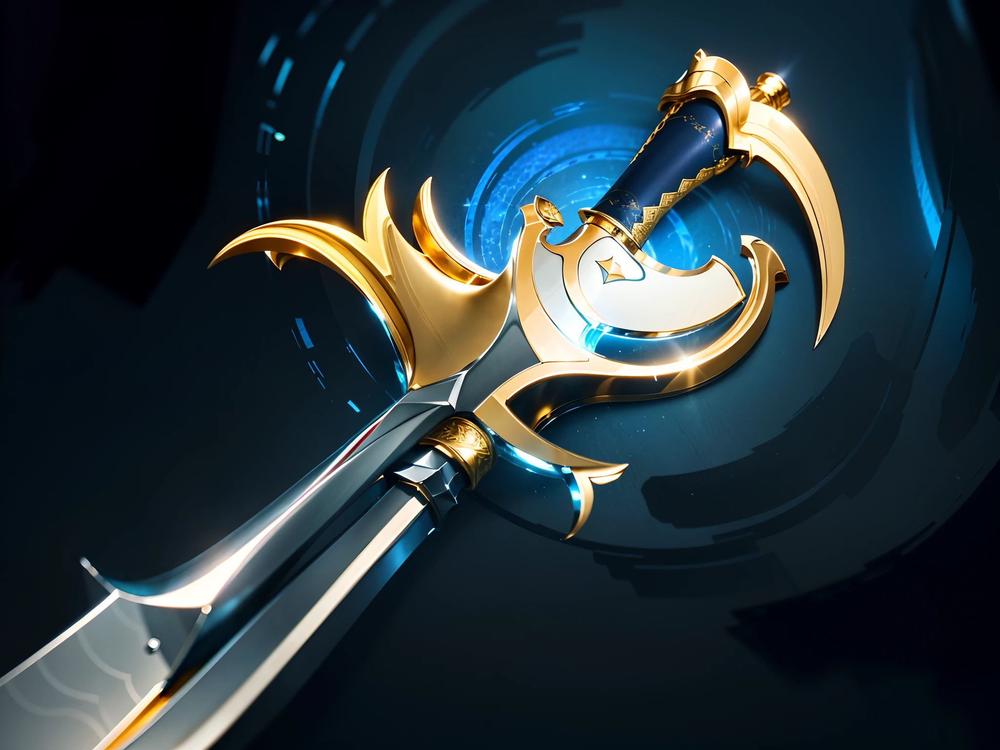 A close-up of a sword，There is a ripple in the background，Sharp steel sword，The hilt is made of gold，Ultra-clear details