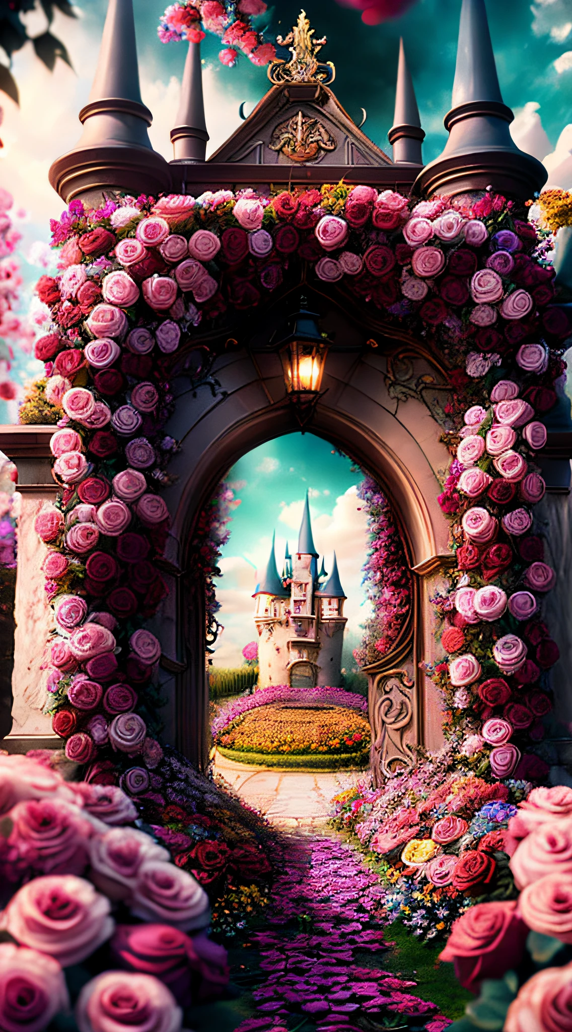 photo (FlowerGateway style:1) The castle entrance is surrounded by flowers, Disney, rose, cinematic, surreal, HD, cool tones, dark gothic