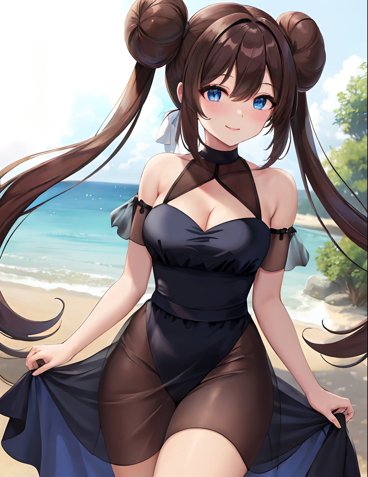(masterpiece:1.3), (absurdres:1.3), (best quality:1.3), (ultra-detailed:1.3),(best shadow:0.7), (handled hair), perfect anatomy, 1girl, solo, rosa(pokemon), double bun, visor cap, hair bun, long_twintails, brown hair, blue eyes, hair between eyes, large breasts, sightly smile, nuisette, wearing a nuisette, see-through, see-through silhouette, revealing clothes,