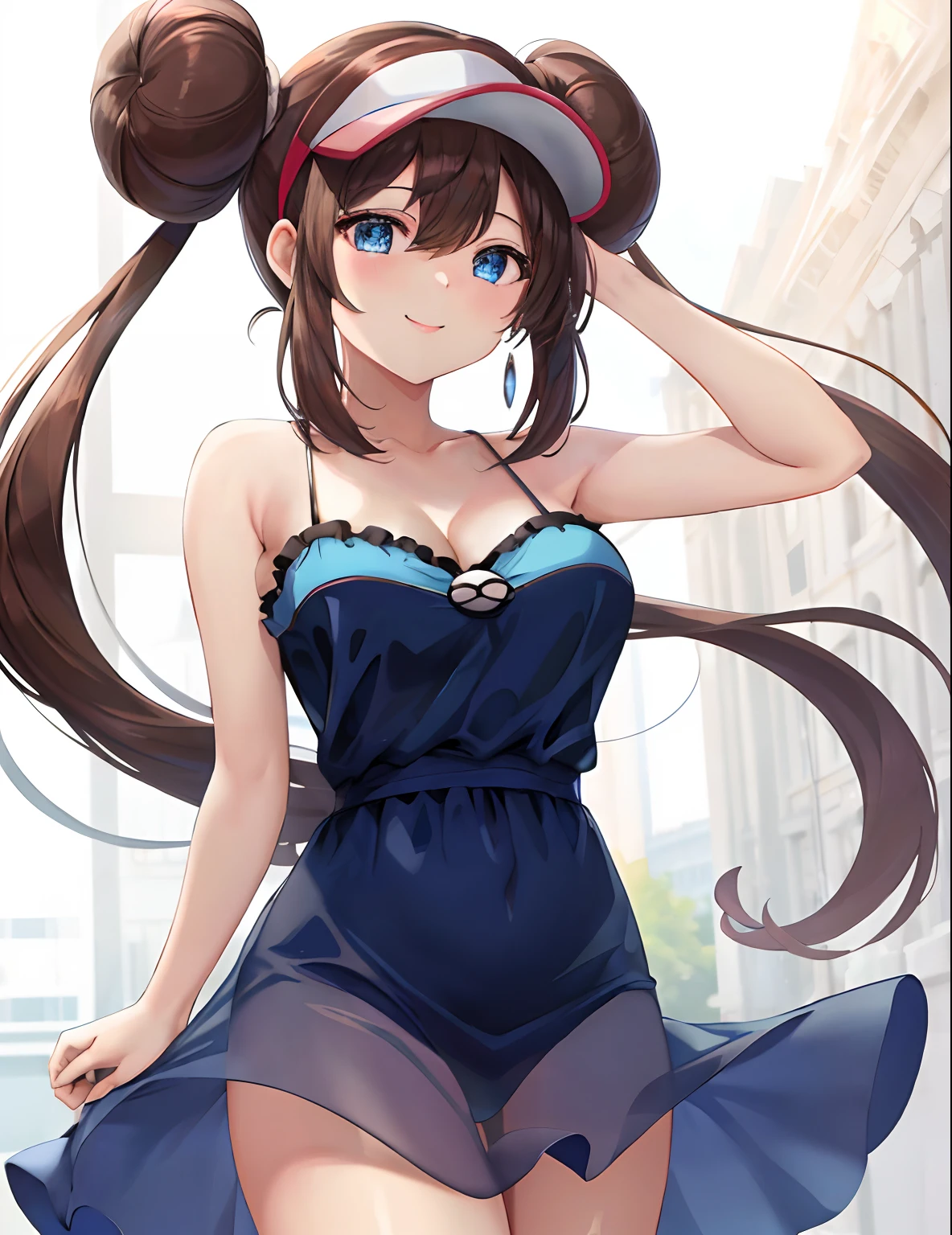 (masterpiece:1.3), (absurdres:1.3), (best quality:1.3), (ultra-detailed:1.3),(best shadow:0.7), (handled hair), perfect anatomy, 1girl, solo, rosa(pokemon), double bun, visor cap, hair bun, long_twintails, brown hair, blue eyes, hair between eyes, large breasts, sightly smile, nuisette, wearing a nuisette, see-through, see-through silhouette, revealing clothes,