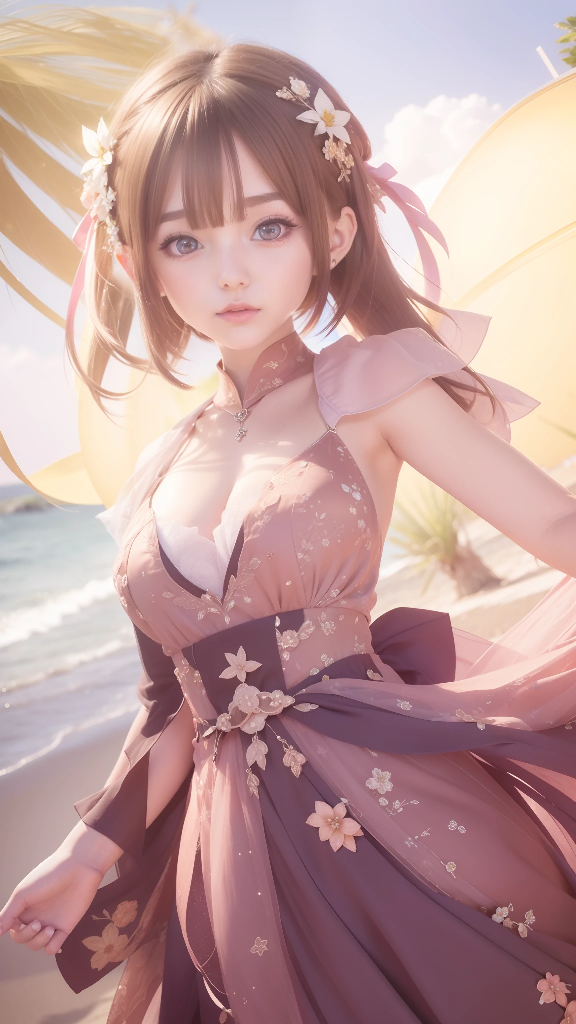 1 girl, short hair, brown hair, floral dress, ultra details, ultra high res, 8k, violet eyes, elf ears,