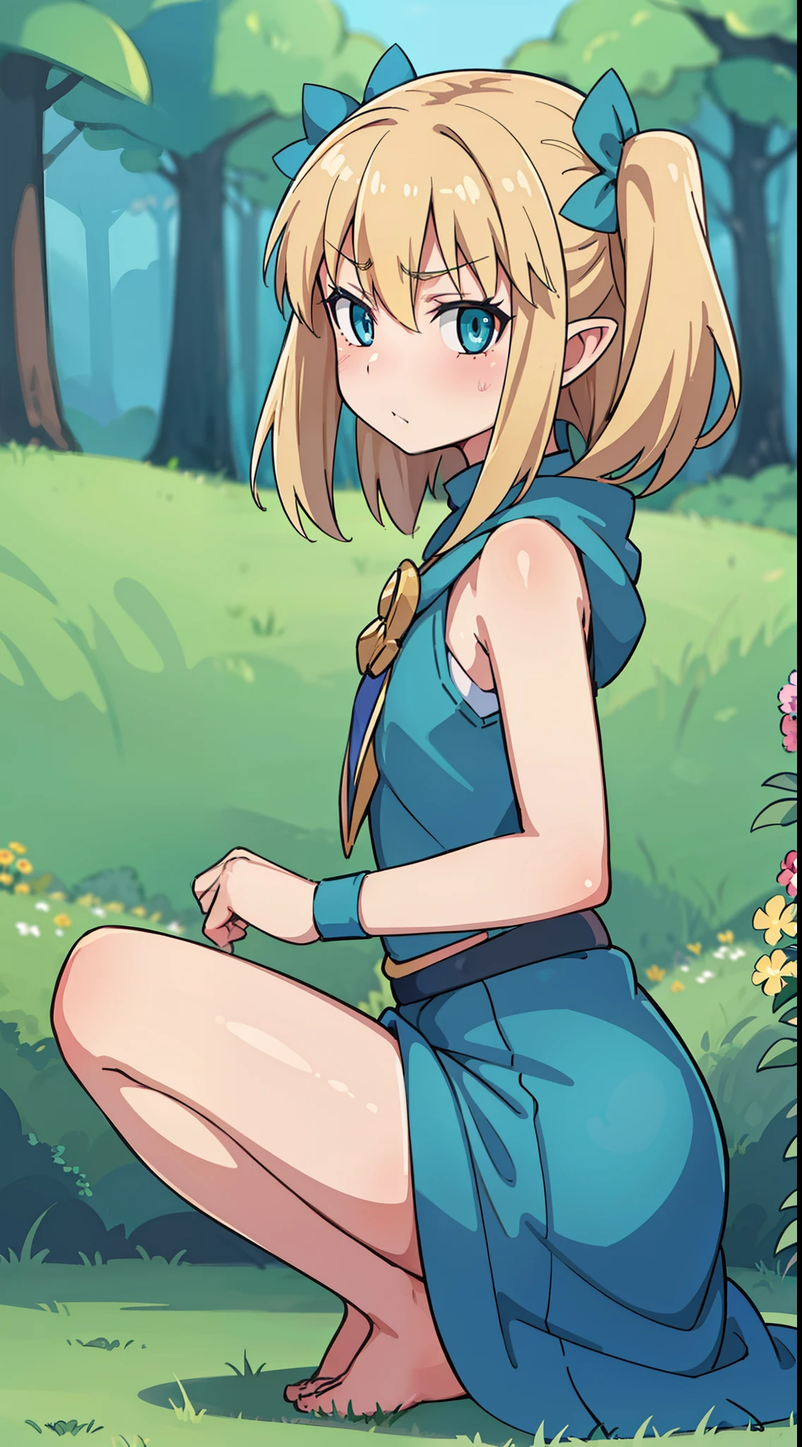 hiquality, tmasterpiece (One  girl, pixie) Princess. Little Crown. Cute frown face, blonde hair. blue eyes – green hunting cloak. On the outskirts of the forest.