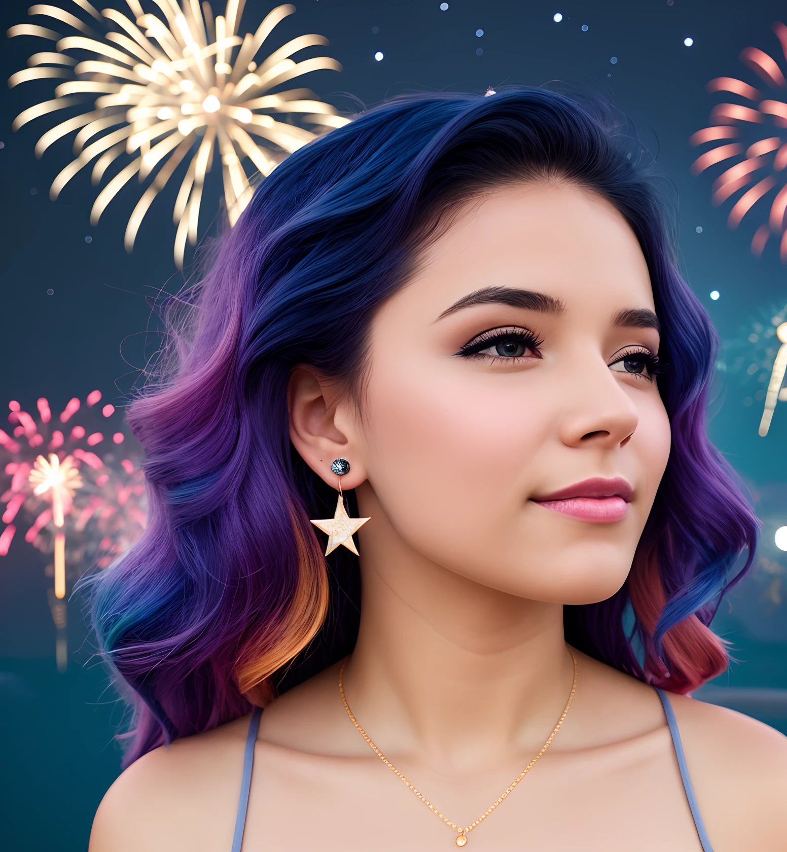 (1girl:0.995), (aerial_fireworks:0.959), (aurora:0.758), (city_lights:0.660), (constellation:0.660), (earrings:0.997), (earth_\(planet\):0.940), (eyelashes:0.526), (fireworks:1.000), (galaxy:0.829), (gradient_hair:0.848), (jewelry:0.976), (light_particles:0.803), (multicolored_hair:0.952), (night:0.950), (night_sky:0.975), (outdoors:0.521), (piercing:0.703), (planet:0.988), (portrait:0.548), (realistic:0.933), (shooting_star:0.777), (sky:0.967), (solo:0.981), (space:0.999), (star_\(sky\):1.000), (star_earrings:0.705), (starry_sky:0.999), (starry_sky_print:0.854), (stud_earrings:0.659), (sunset:0.694)