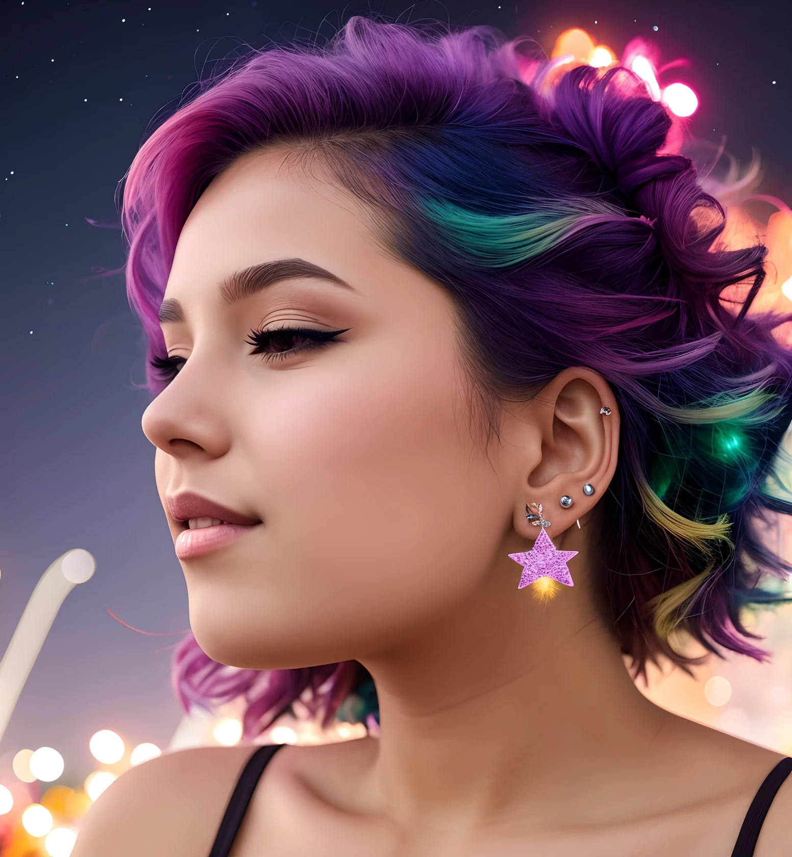 (1girl:0.995), (aerial_fireworks:0.959), (aurora:0.758), (city_lights:0.660), (constellation:0.660), (earrings:0.997), (earth_\(planet\):0.940), (eyelashes:0.526), (fireworks:1.000), (galaxy:0.829), (gradient_hair:0.848), (jewelry:0.976), (light_particles:0.803), (multicolored_hair:0.952), (night:0.950), (night_sky:0.975), (outdoors:0.521), (piercing:0.703), (planet:0.988), (portrait:0.548), (realistic:0.933), (shooting_star:0.777), (sky:0.967), (solo:0.981), (space:0.999), (star_\(sky\):1.000), (star_earrings:0.705), (starry_sky:0.999), (starry_sky_print:0.854), (stud_earrings:0.659), (sunset:0.694)