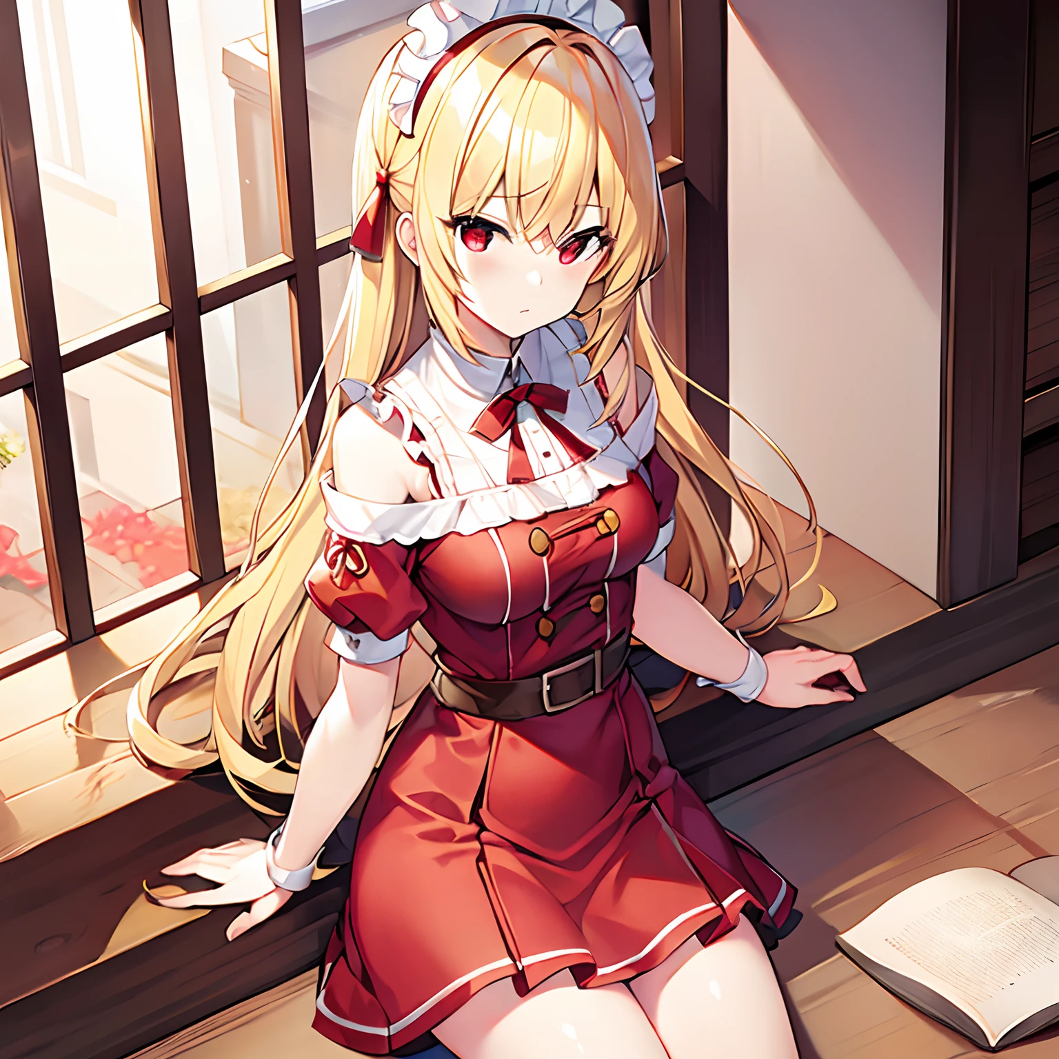 a blond、red eyes、Beautiful girl alone、独奏、animesque、borgar、Bright red maid clothes、off shoulders、a miniskirt、sitting on