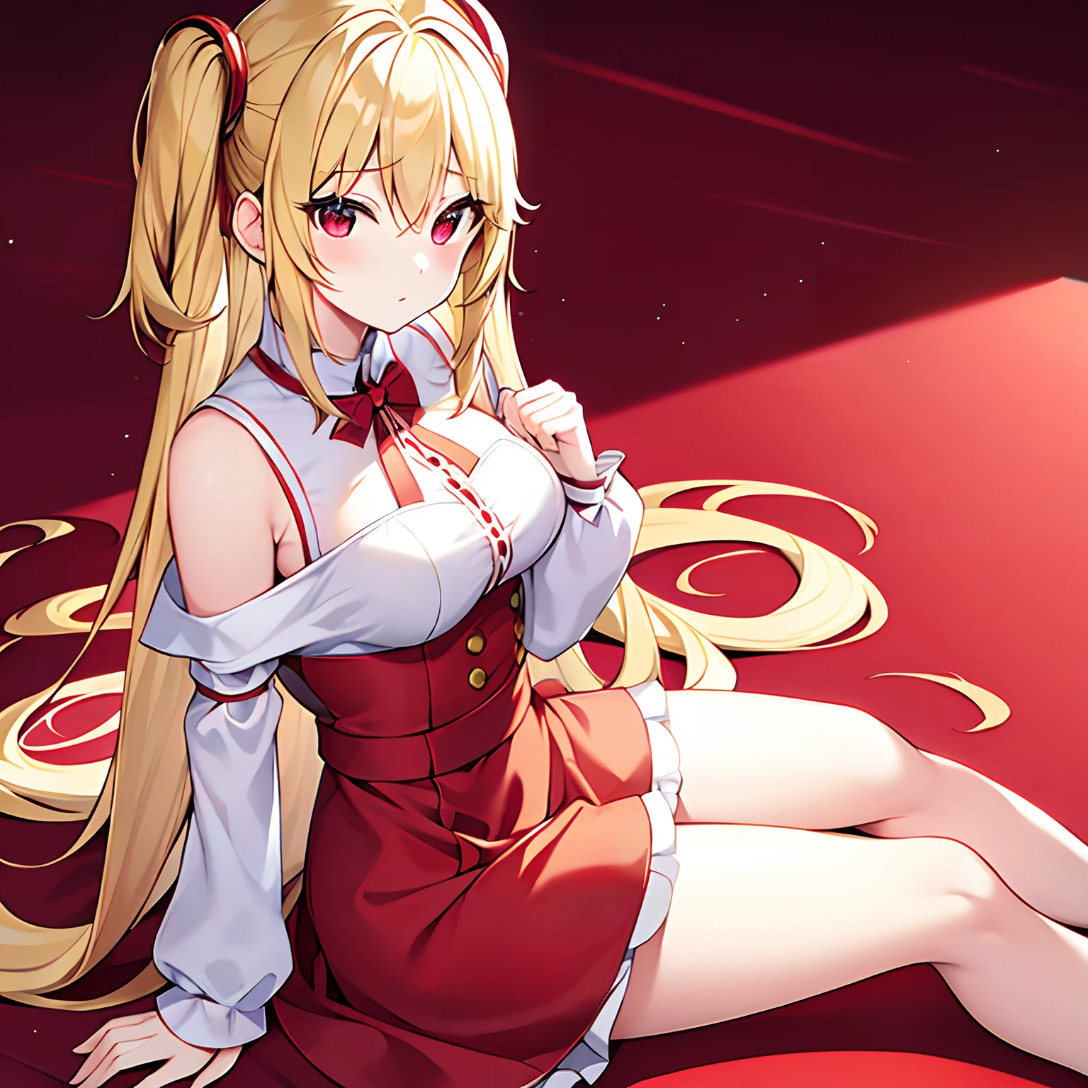a blond、red eyes、Beautiful girl alone、独奏、animesque、borgar、Bright red maid clothes、off shoulders、a miniskirt、sitting on