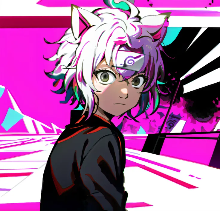 anime character with cat ears with leaf village bandana and a camera in a room, nagito komaeda, neferpitou, hajime yatatate, ani...