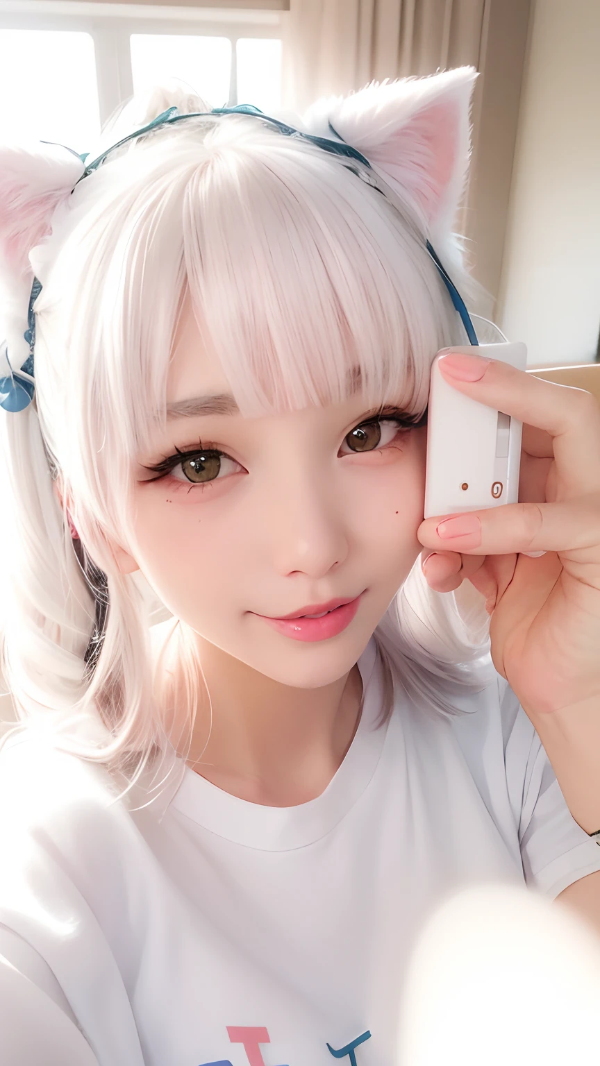 there is a woman with a cat ear and a white shirt, Cute natural anime face, with cute doting eyes, beautiful aesthetic face, 8k selfie photograph, cute and friendly eyes, ulzzangs, wan adorable korean face, with cute - fine - face, cute round slanted eyes, Anime girl in real life, popular korean makeup