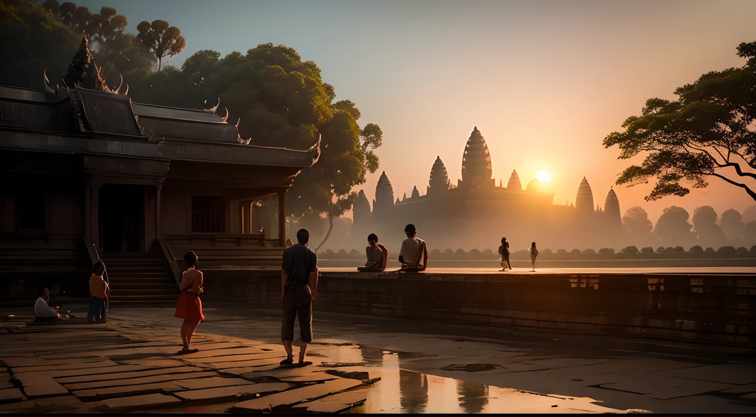 People building Angkor wat temple and have a lot people and happy with the sunset