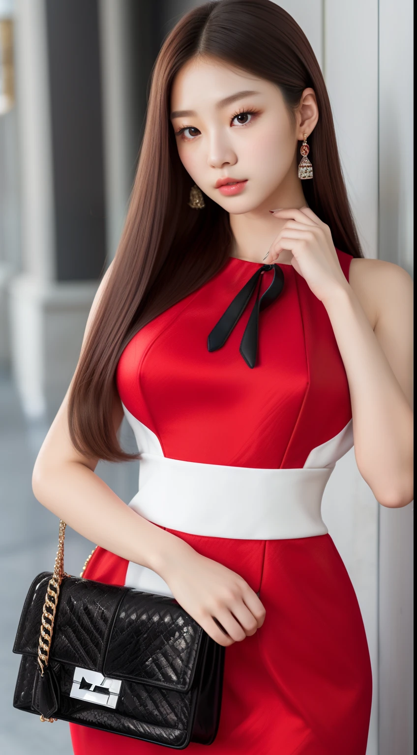 8K, (Fullbody:1,5),  photoshoot, (editorial photograph of a 17 year old woman like jennie kim face), hyper beautiful, big brown eyes, double eyelids, slim abs, perfect tiny pointed nose, natural lip color, (highly detailed face:1.4) ( (hyper bright white skin)(gigantic big breasts),  ( straight long elegant hairstyle), ( face),{{wearing elegant red and white combination dress}} ,hyper realistic ,lifelike texture, dramatic super bright lighting, Holding hermes bag