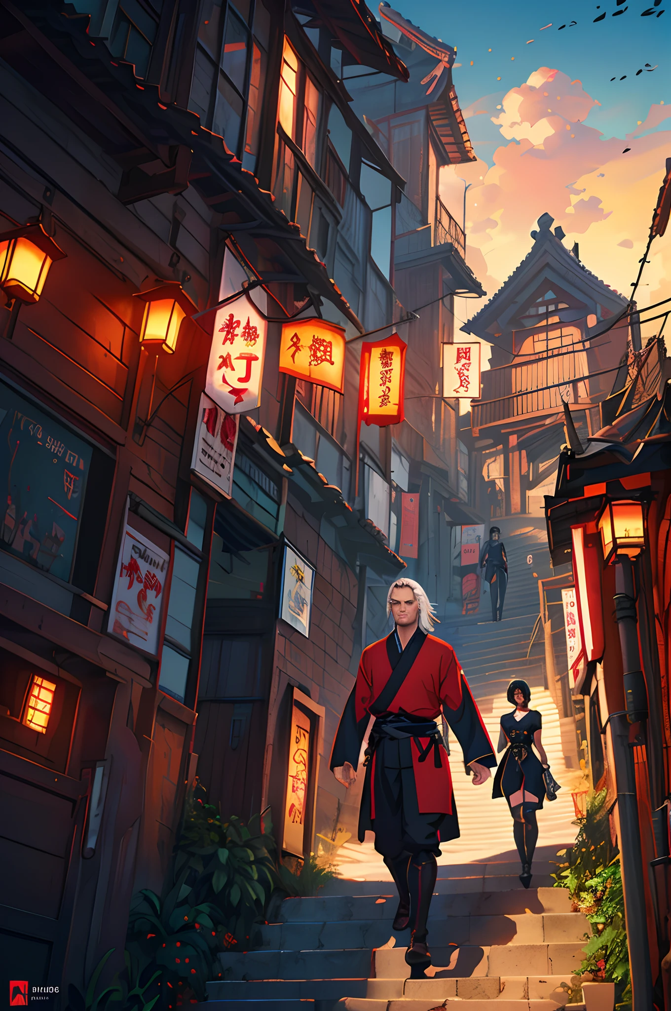 vivid colors, Japanese village, summer, strong lighting, vector, red sun, Pixiv Fan Box trend, Makoto Shinkai style, Genshin Impact, razor-sharp details, magical Tokyo is attacked by a mesmerizing landscape of red darkness, dark arts, The Witcher, photorealistic, awesome, sharp lens, professional photography, 70mm lens, love detailed, good quality, Unreal Engine 5, wallpaper, colorful, highly detailed, 8k, soft light, photorealistic